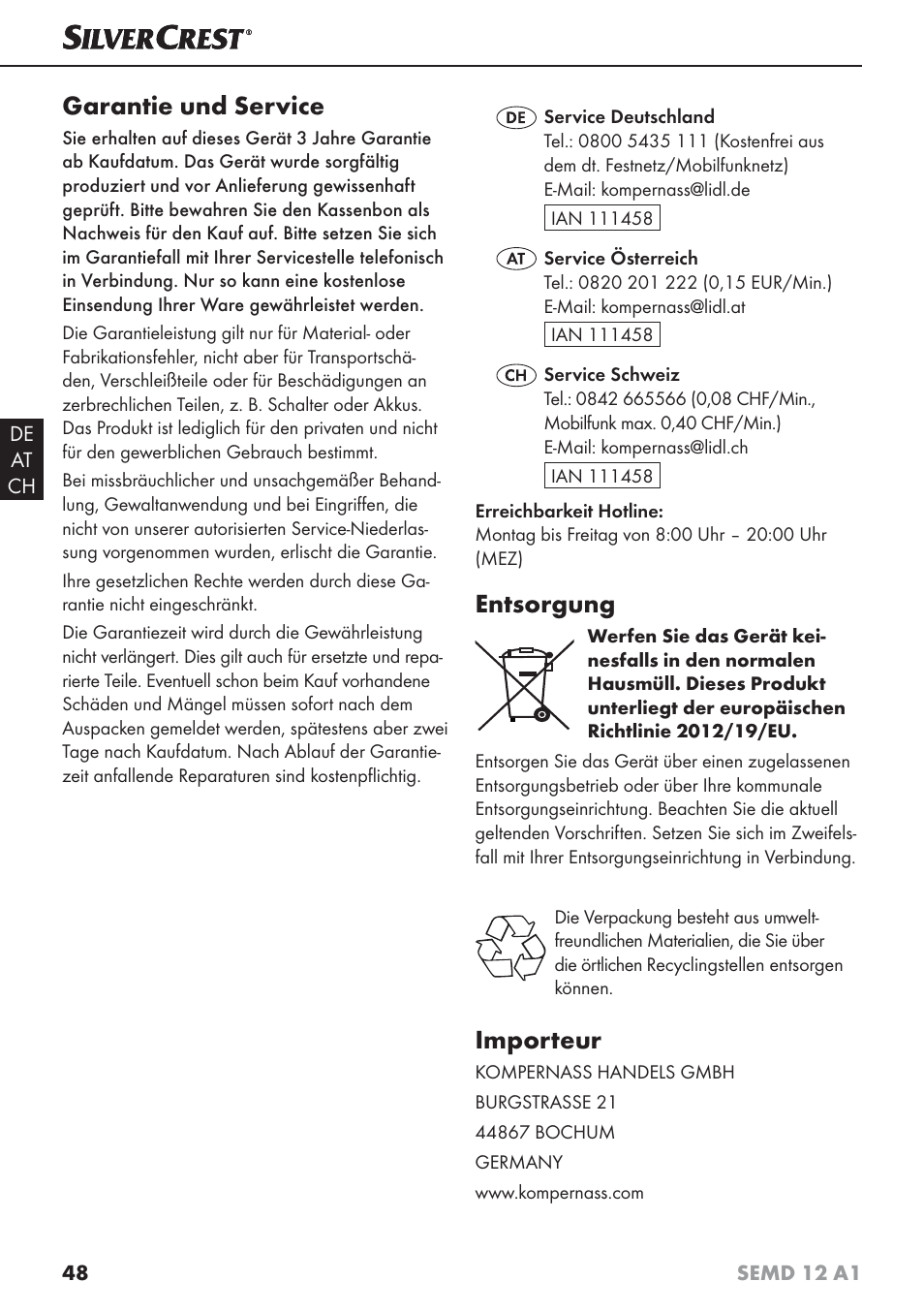 Garantie und service, Entsorgung, Importeur | Silvercrest SEMD 12 A1 User Manual | Page 51 / 54