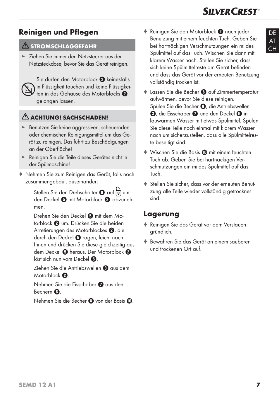 Reinigen und pﬂ egen, Lagerung | Silvercrest SEMD 12 A1 User Manual | Page 10 / 44
