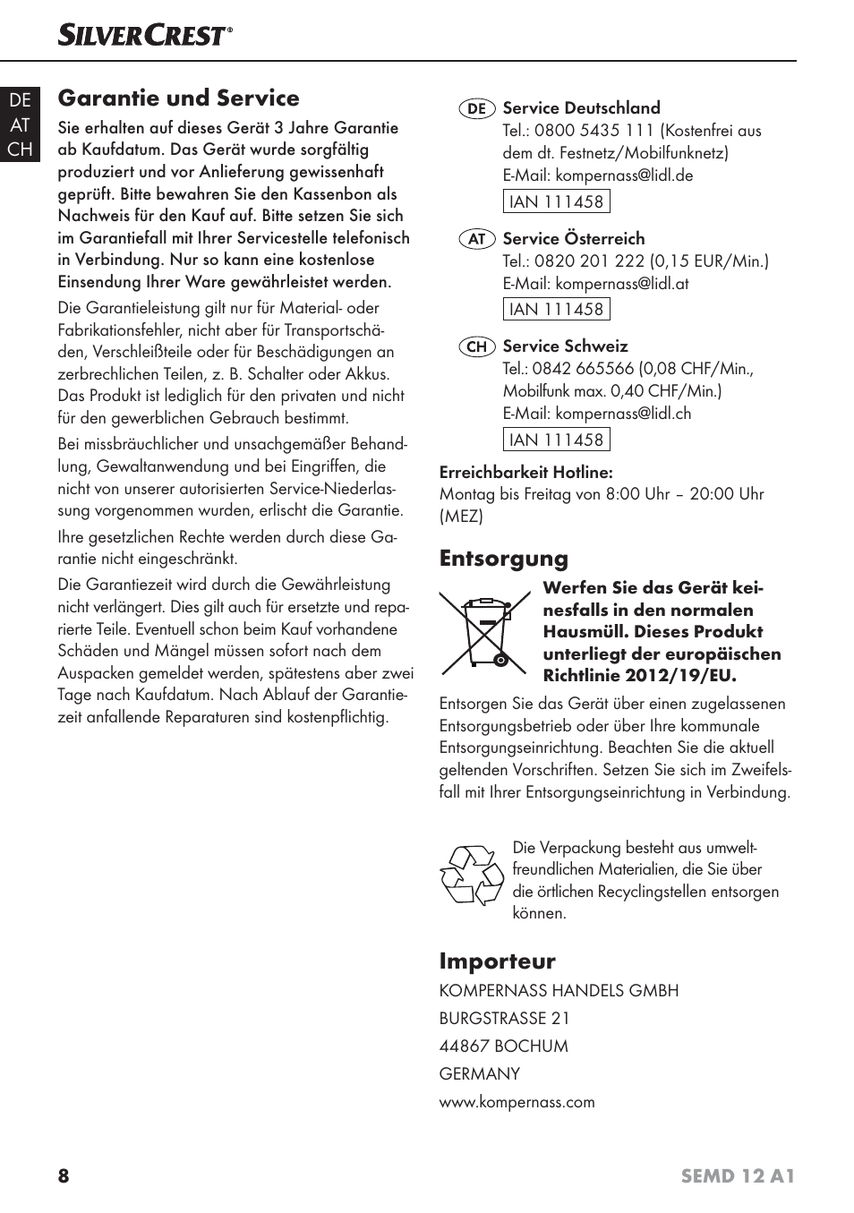 Garantie und service, Entsorgung, Importeur | Silvercrest SEMD 12 A1 User Manual | Page 11 / 44