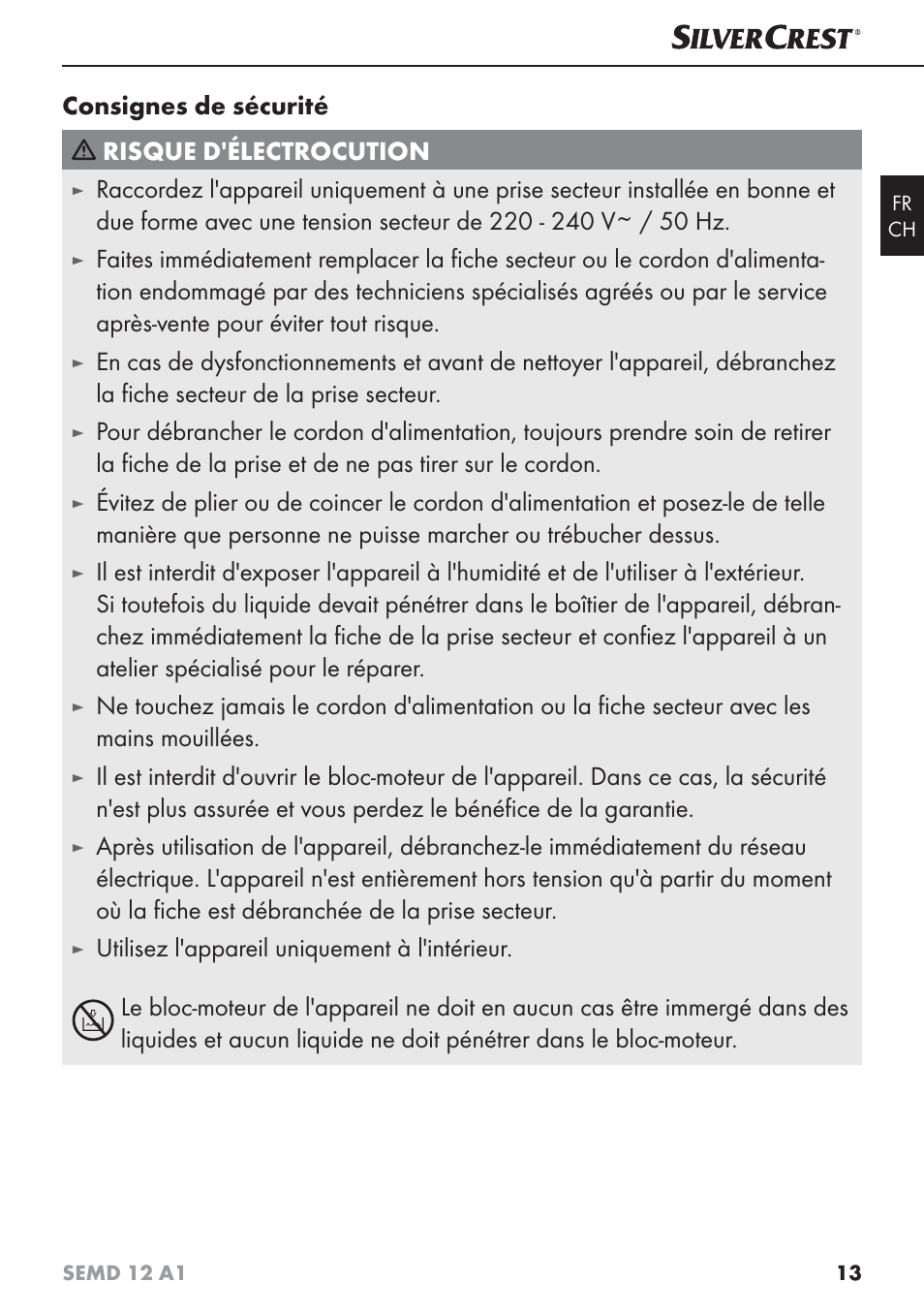 Consignes de sécurité risque d'électrocution, Utilisez l'appareil uniquement à l'intérieur | Silvercrest SEMD 12 A1 User Manual | Page 16 / 44