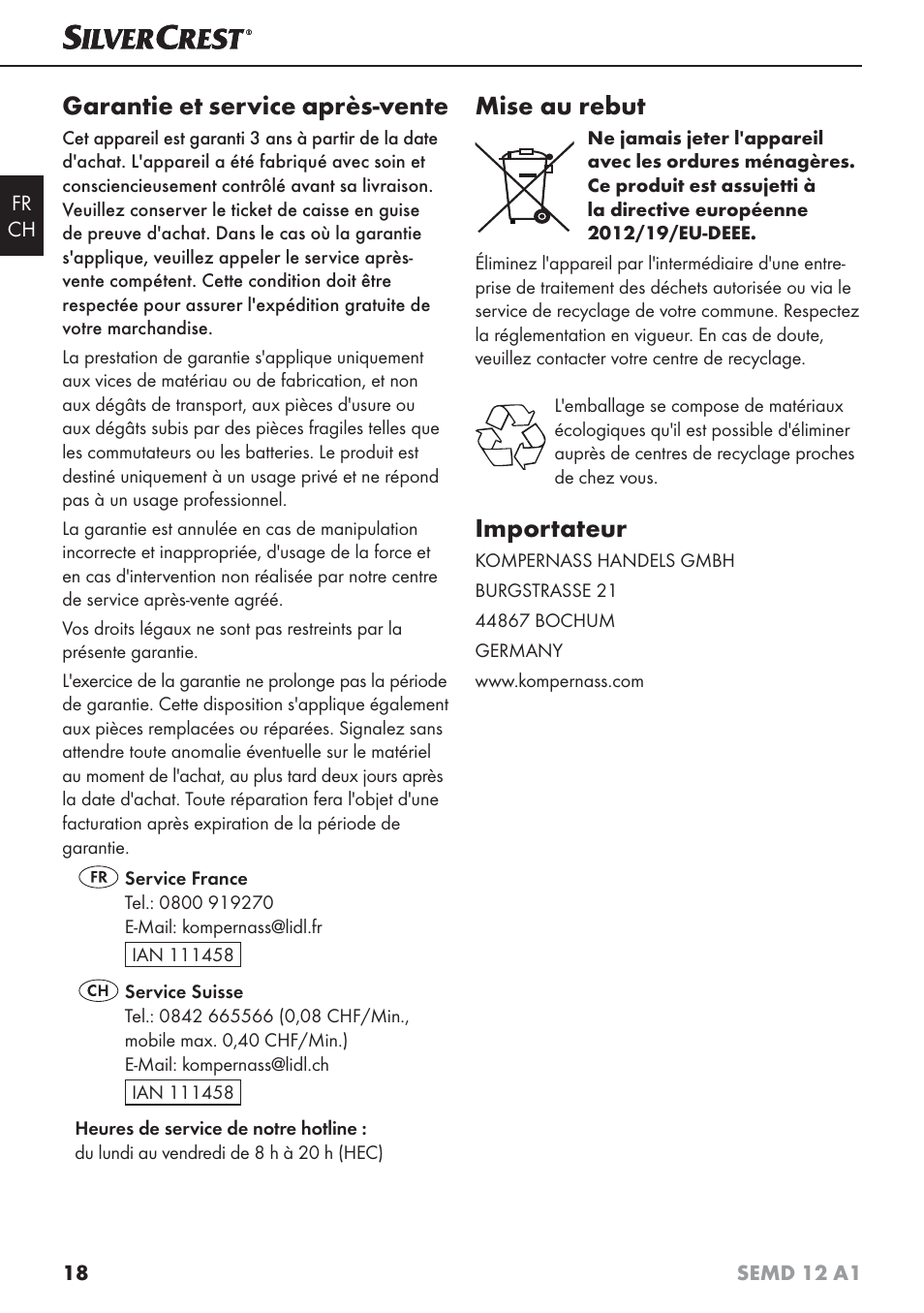 Garantie et service après-vente, Mise au rebut, Importateur | Silvercrest SEMD 12 A1 User Manual | Page 21 / 44