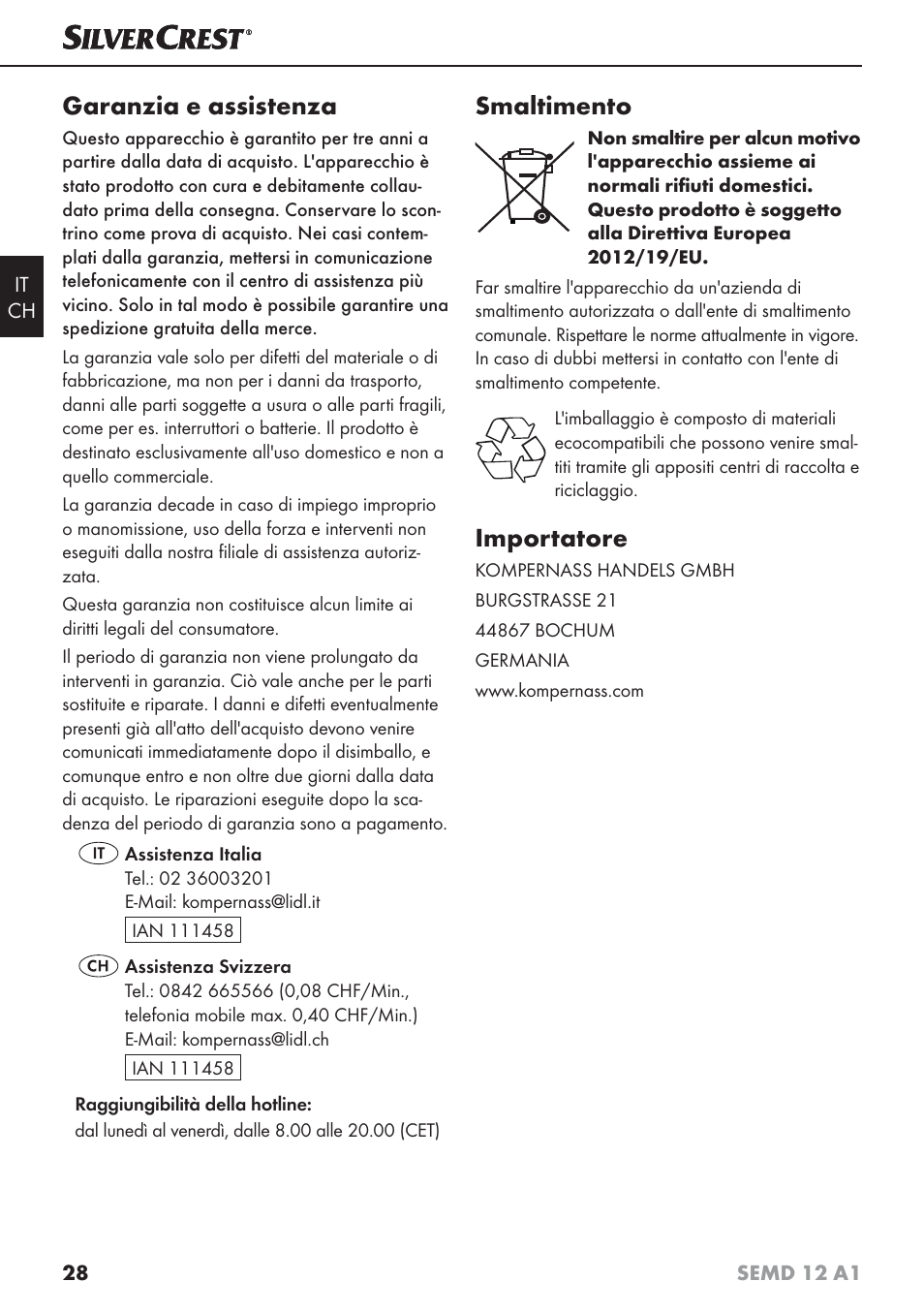 Garanzia e assistenza, Smaltimento, Importatore | Silvercrest SEMD 12 A1 User Manual | Page 31 / 44