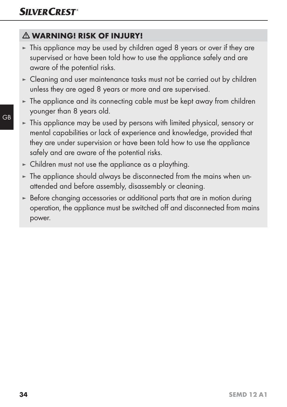 Warning! risk of injury, Children must not use the appliance as a plaything | Silvercrest SEMD 12 A1 User Manual | Page 37 / 44