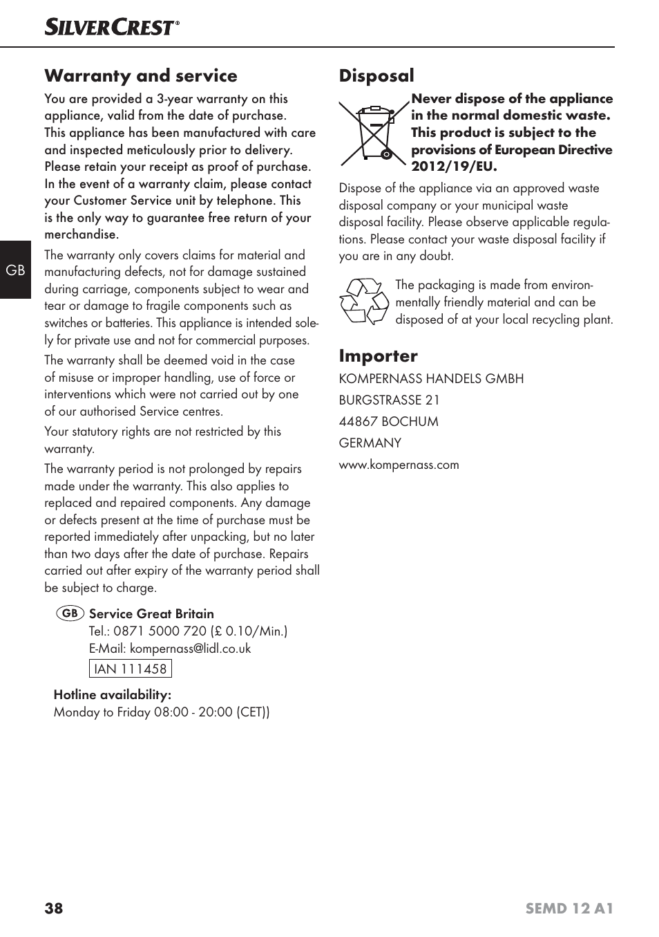 Warranty and service, Disposal, Importer | Silvercrest SEMD 12 A1 User Manual | Page 41 / 44