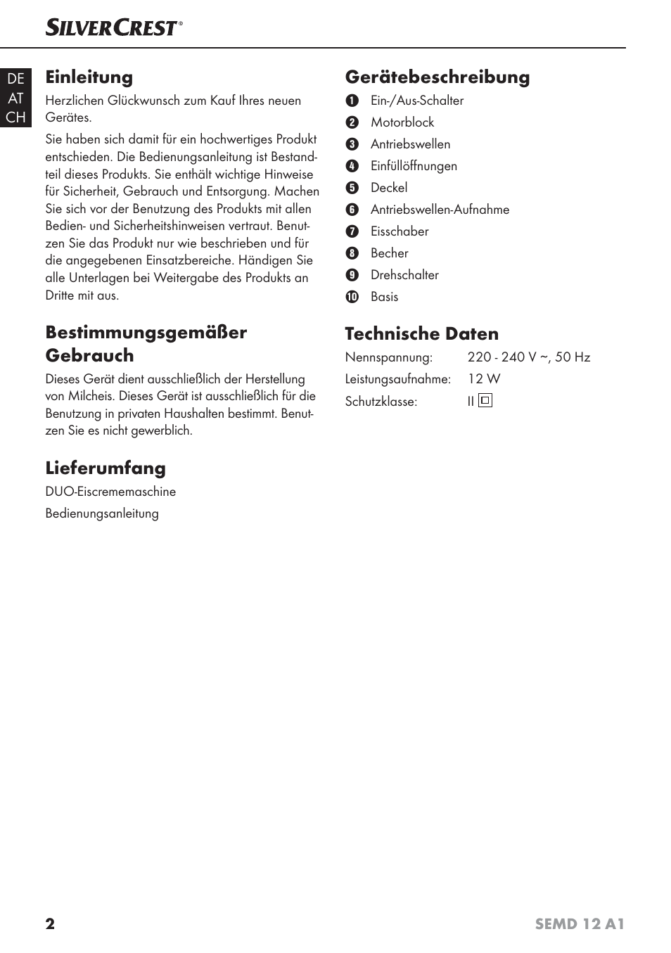 Einleitung, Bestimmungsgemäßer gebrauch, Lieferumfang | Gerätebeschreibung, Technische daten | Silvercrest SEMD 12 A1 User Manual | Page 5 / 44