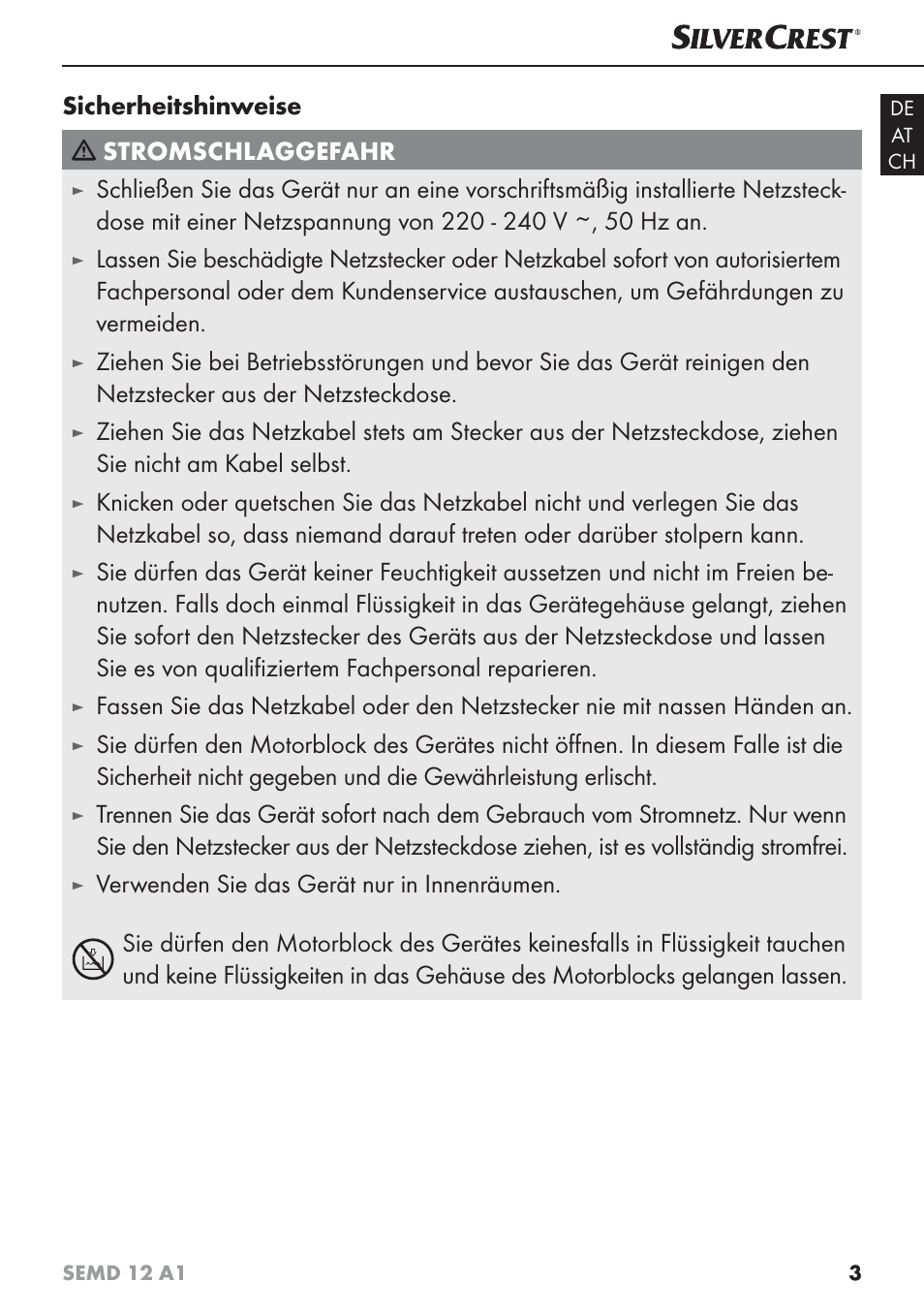 Sicherheitshinweise stromschlaggefahr | Silvercrest SEMD 12 A1 User Manual | Page 6 / 44