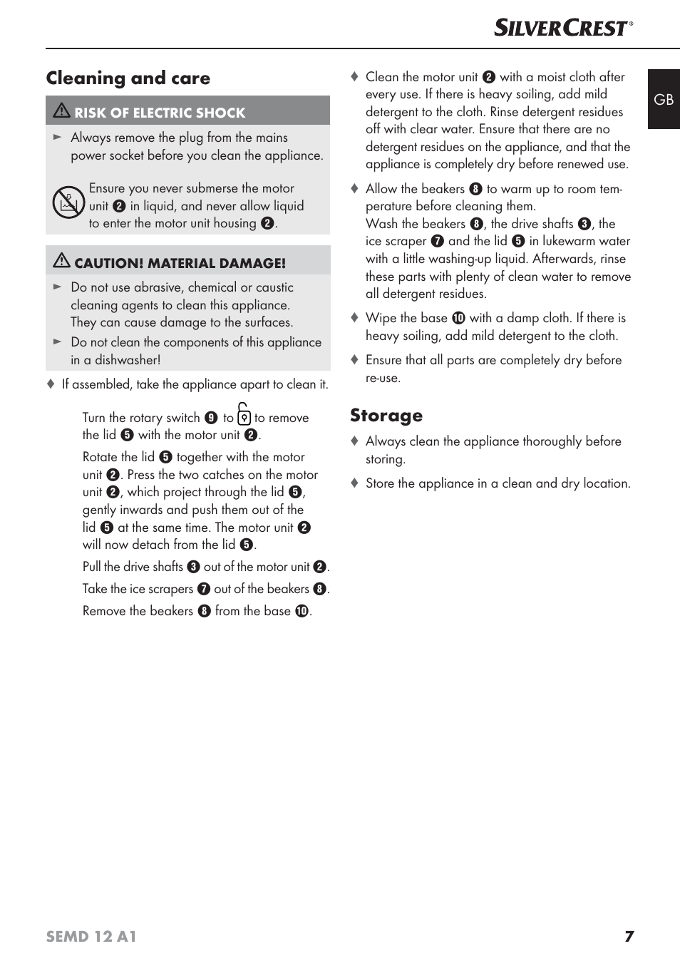 Cleaning and care, Storage | Silvercrest SEMD 12 A1 User Manual | Page 10 / 64