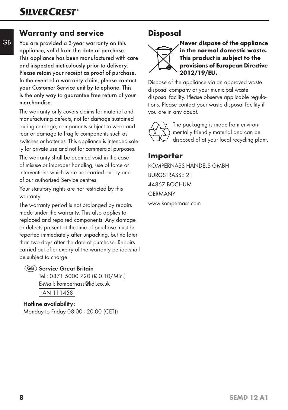 Warranty and service, Disposal, Importer | Silvercrest SEMD 12 A1 User Manual | Page 11 / 64