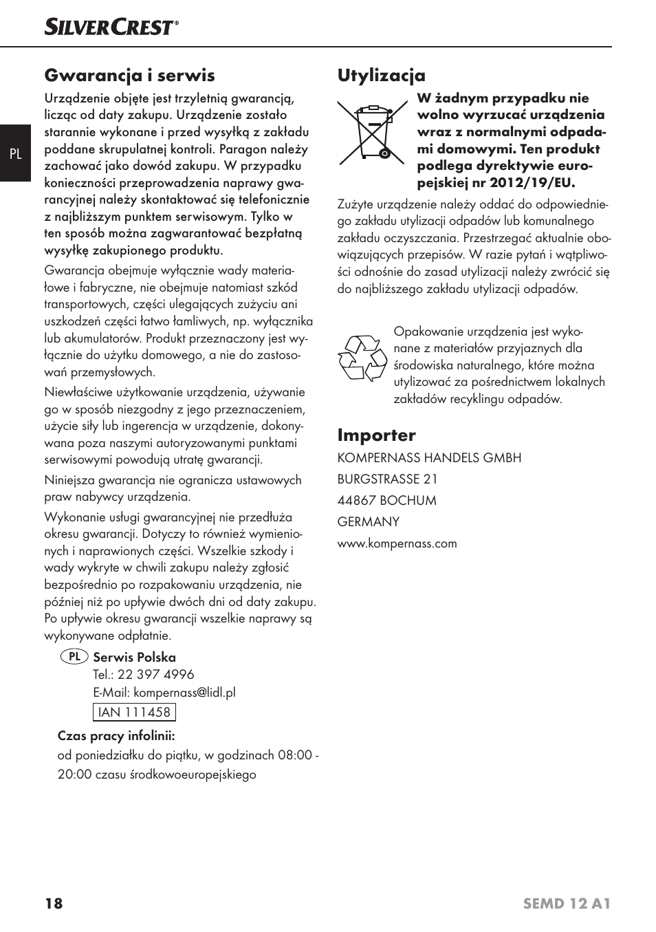 Gwarancja i serwis, Utylizacja, Importer | Silvercrest SEMD 12 A1 User Manual | Page 21 / 64