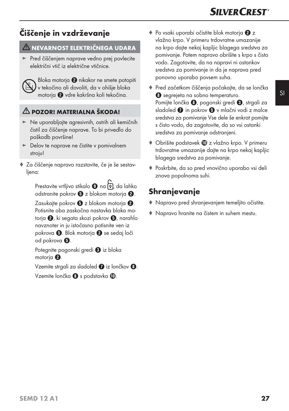 Čiščenje in vzdrževanje, Shranjevanje | Silvercrest SEMD 12 A1 User Manual | Page 30 / 64