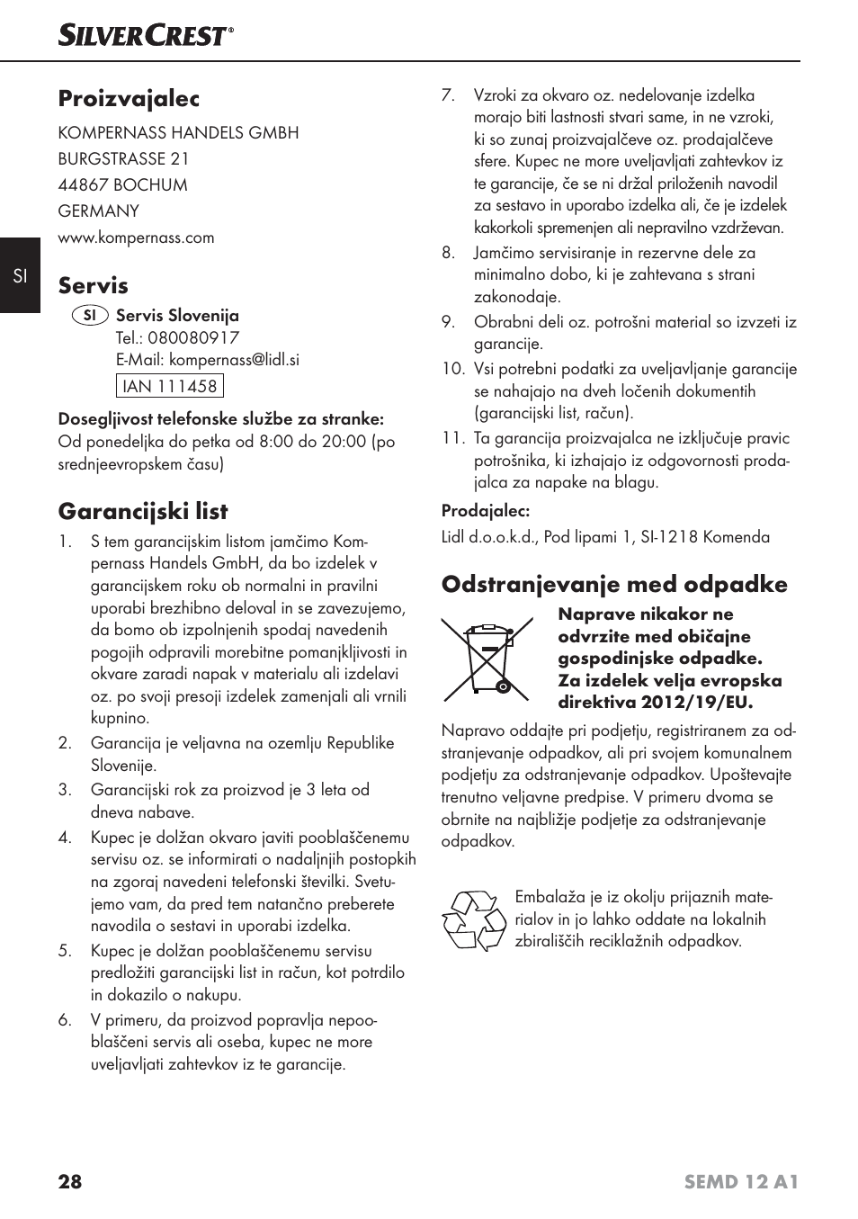 Proizvajalec, Servis, Garancijski list | Odstranjevanje med odpadke | Silvercrest SEMD 12 A1 User Manual | Page 31 / 64