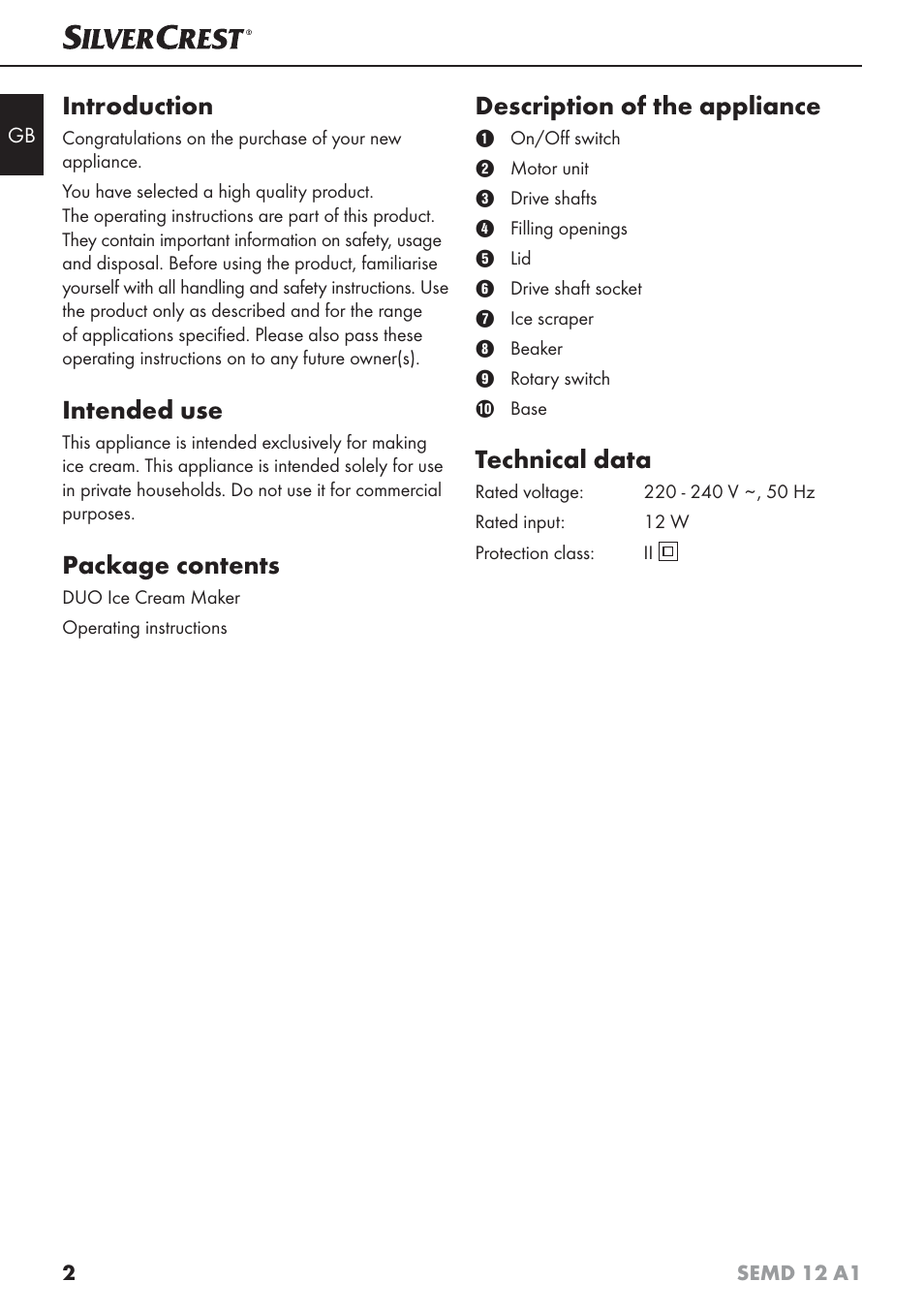 Introduction, Intended use, Package contents | Description of the appliance, Technical data | Silvercrest SEMD 12 A1 User Manual | Page 5 / 64
