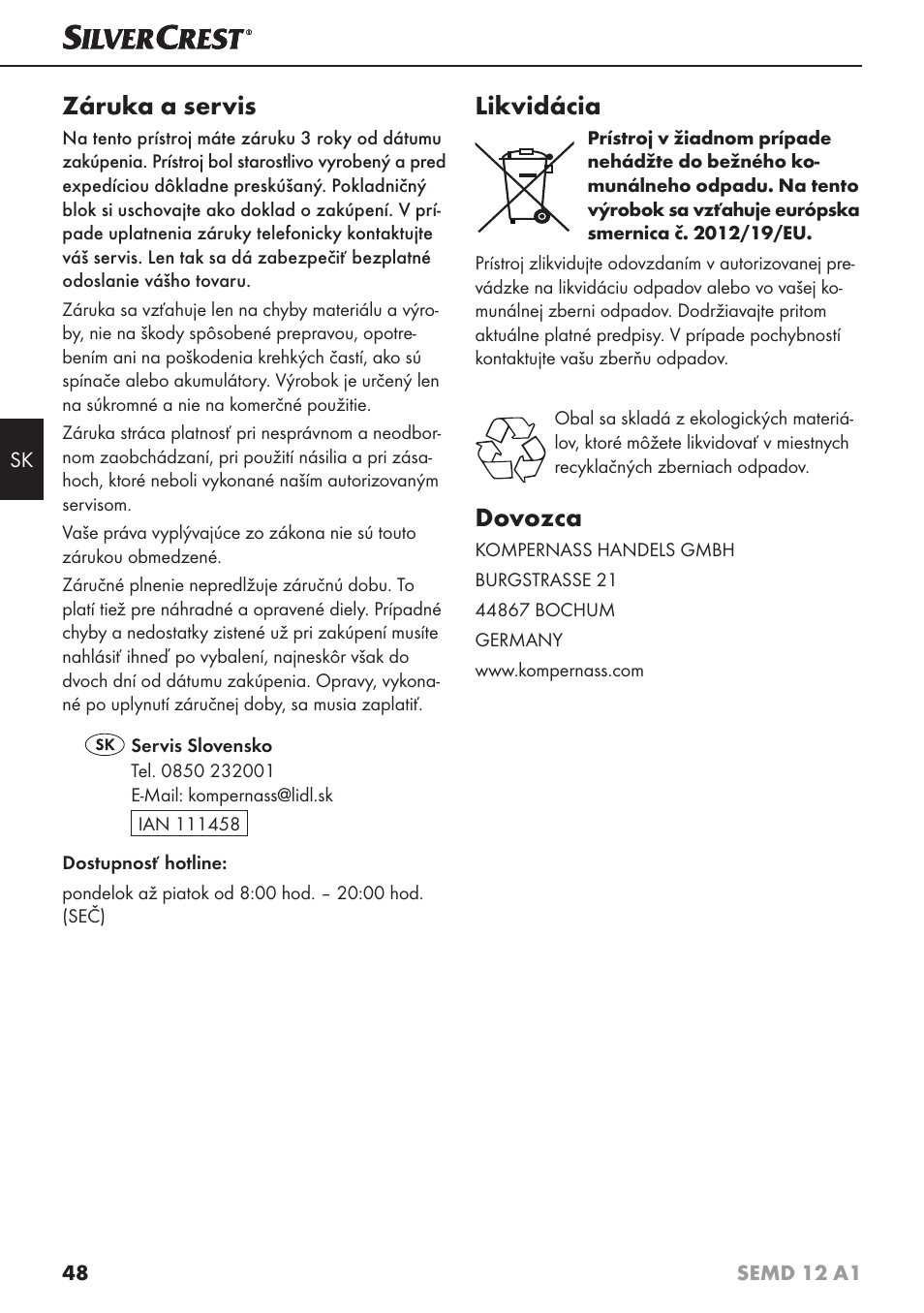 Záruka a servis, Likvidácia, Dovozca | Silvercrest SEMD 12 A1 User Manual | Page 51 / 64