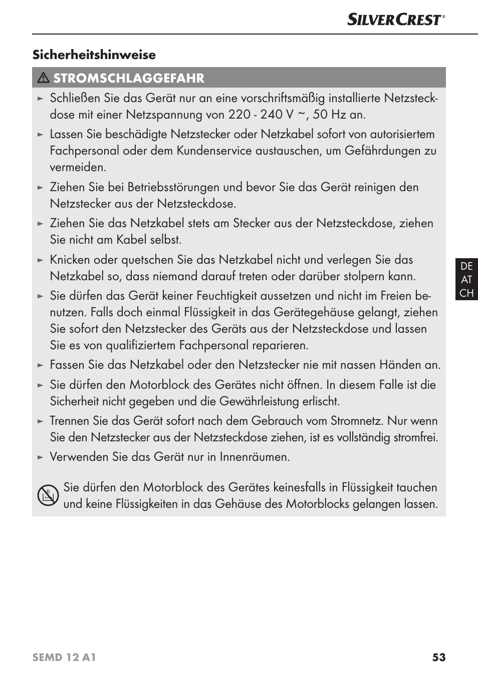 Sicherheitshinweise stromschlaggefahr | Silvercrest SEMD 12 A1 User Manual | Page 56 / 64