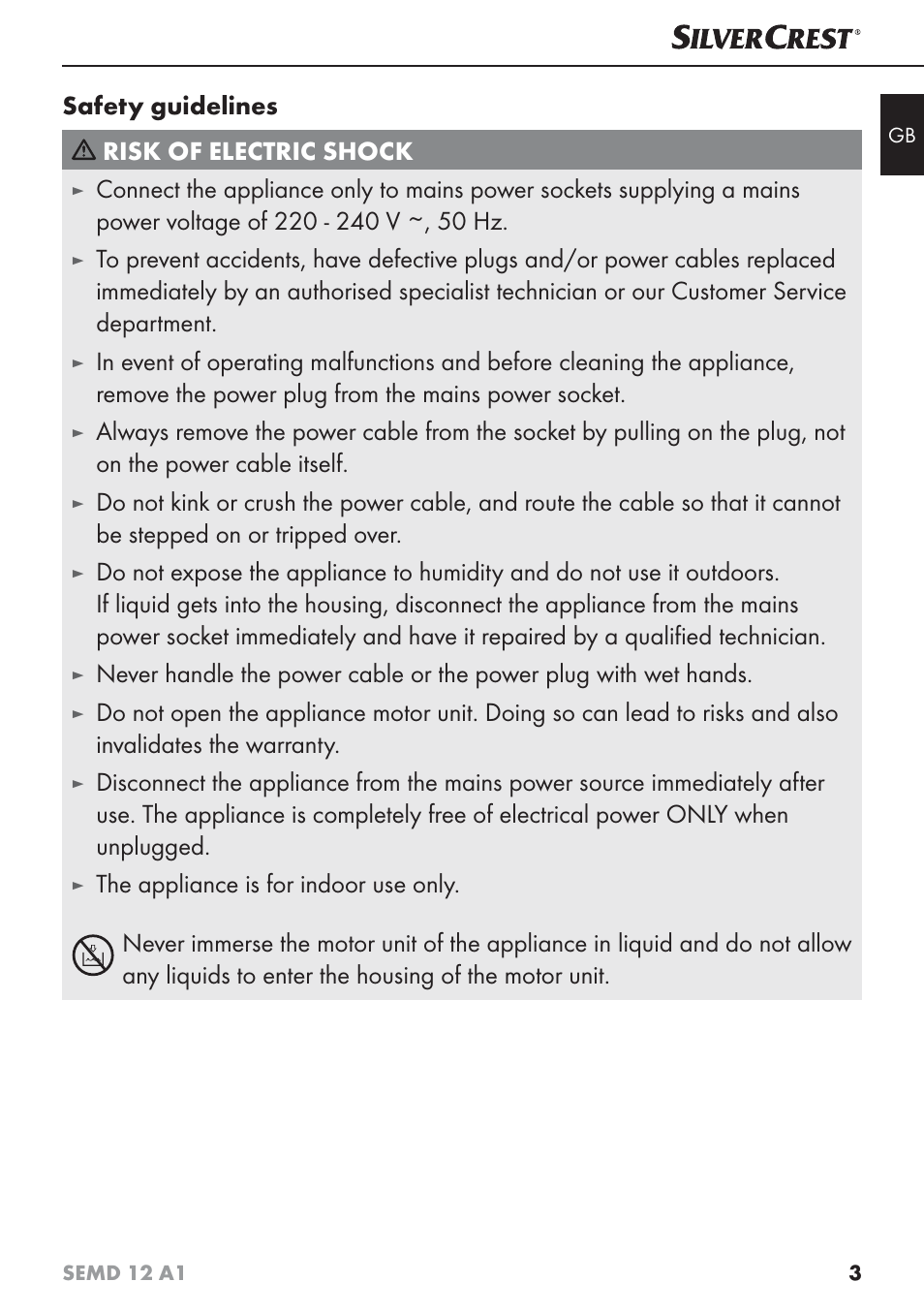 Safety guidelines risk of electric shock | Silvercrest SEMD 12 A1 User Manual | Page 6 / 64