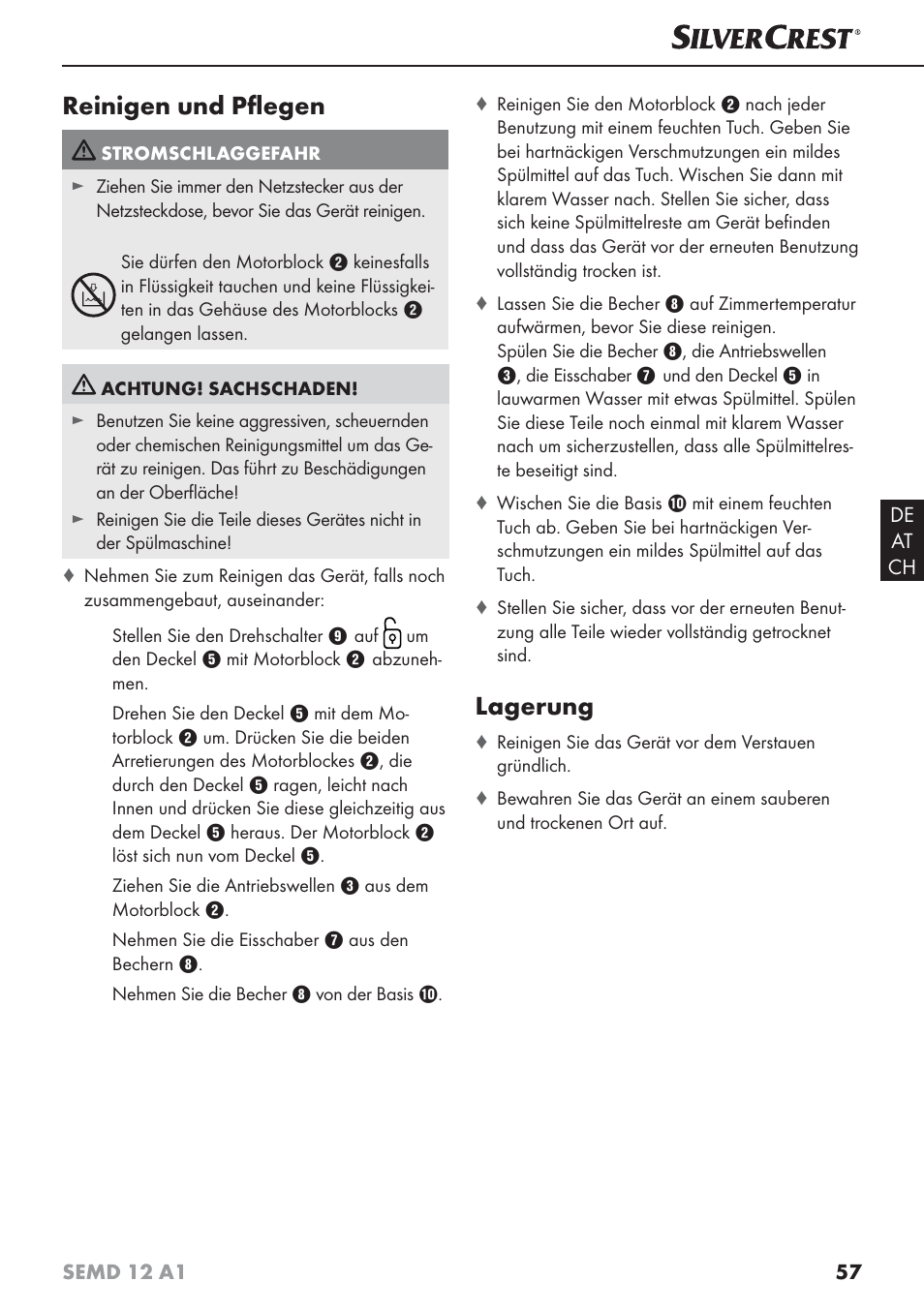 Reinigen und pﬂ egen, Lagerung | Silvercrest SEMD 12 A1 User Manual | Page 60 / 64