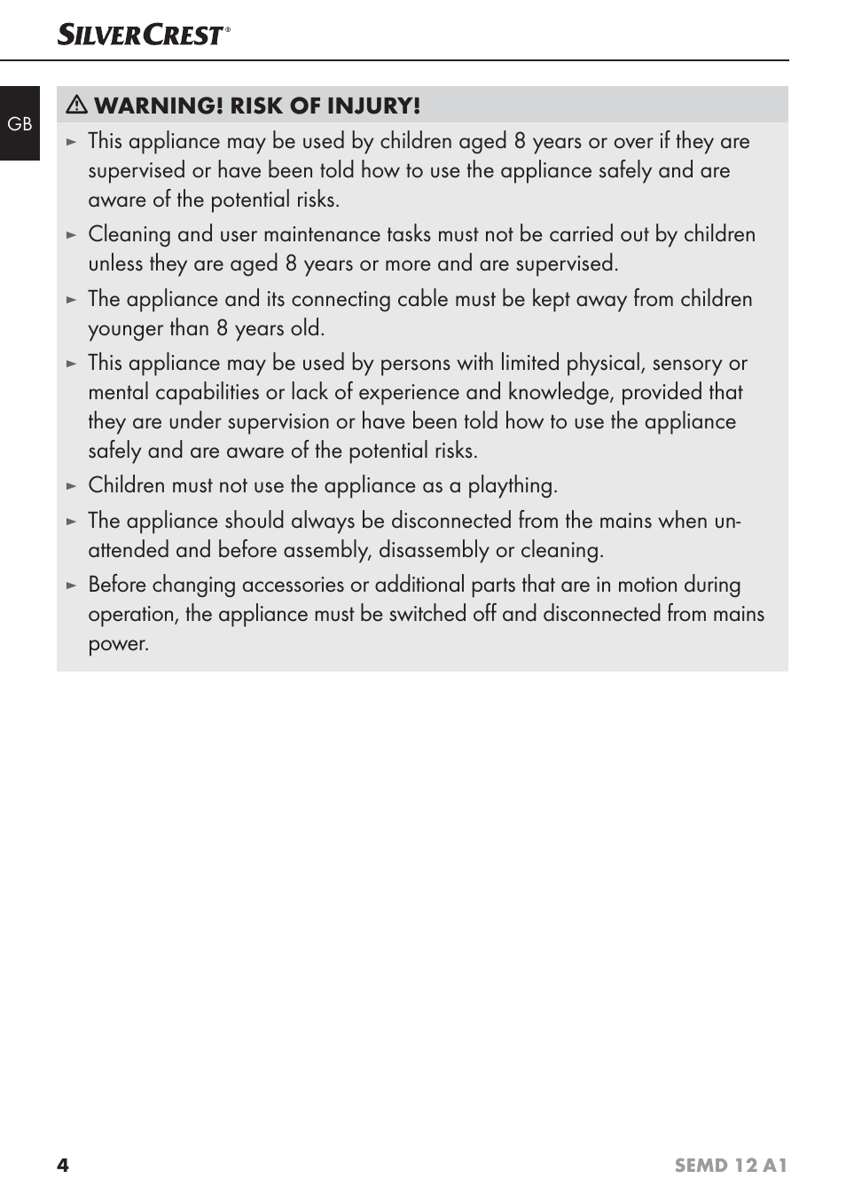 Warning! risk of injury, Children must not use the appliance as a plaything | Silvercrest SEMD 12 A1 User Manual | Page 7 / 64
