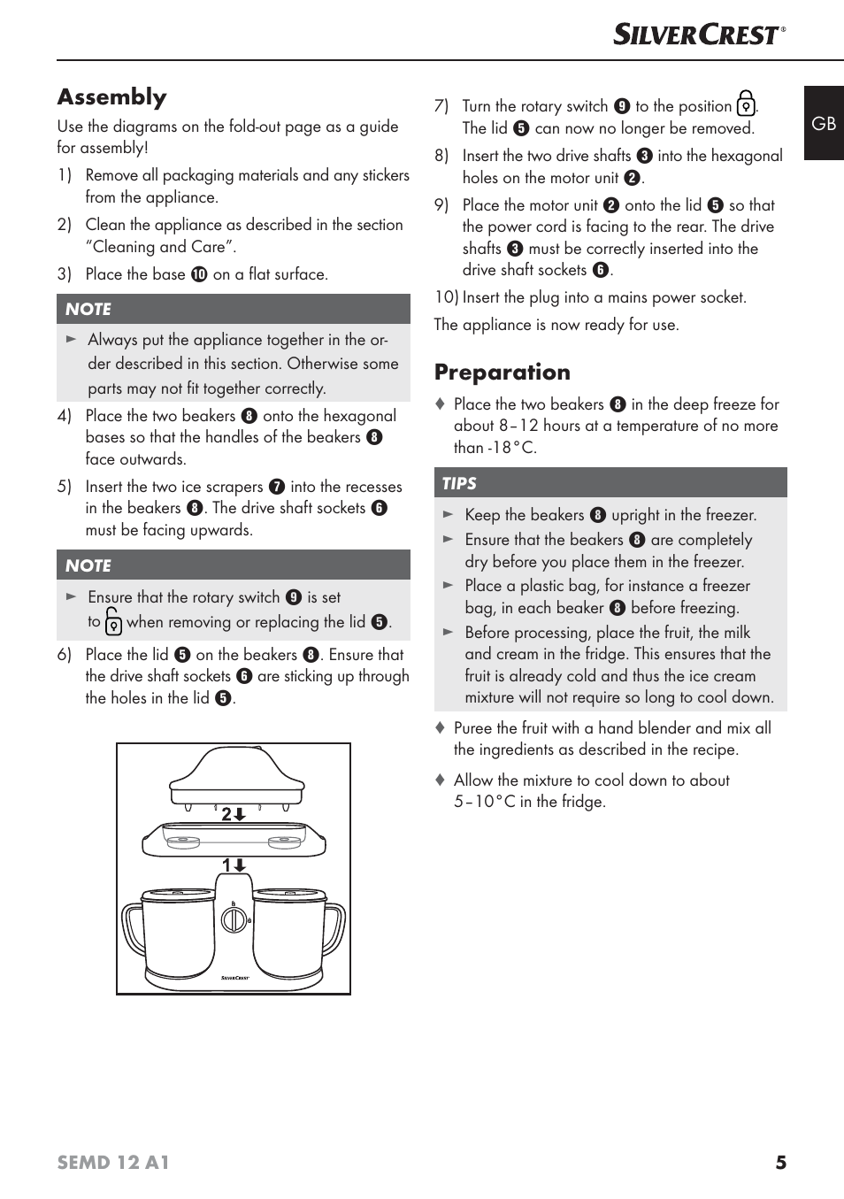 Assembly, Preparation | Silvercrest SEMD 12 A1 User Manual | Page 8 / 64