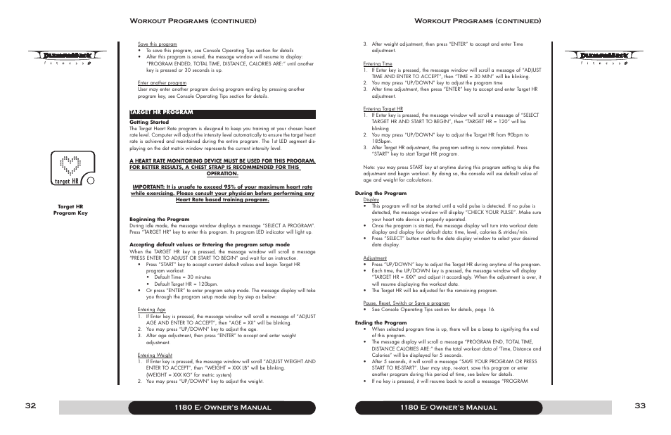 1180 e r owner’s manual, Workout programs (continued) | Diamondback 1180 Er User Manual | Page 17 / 22