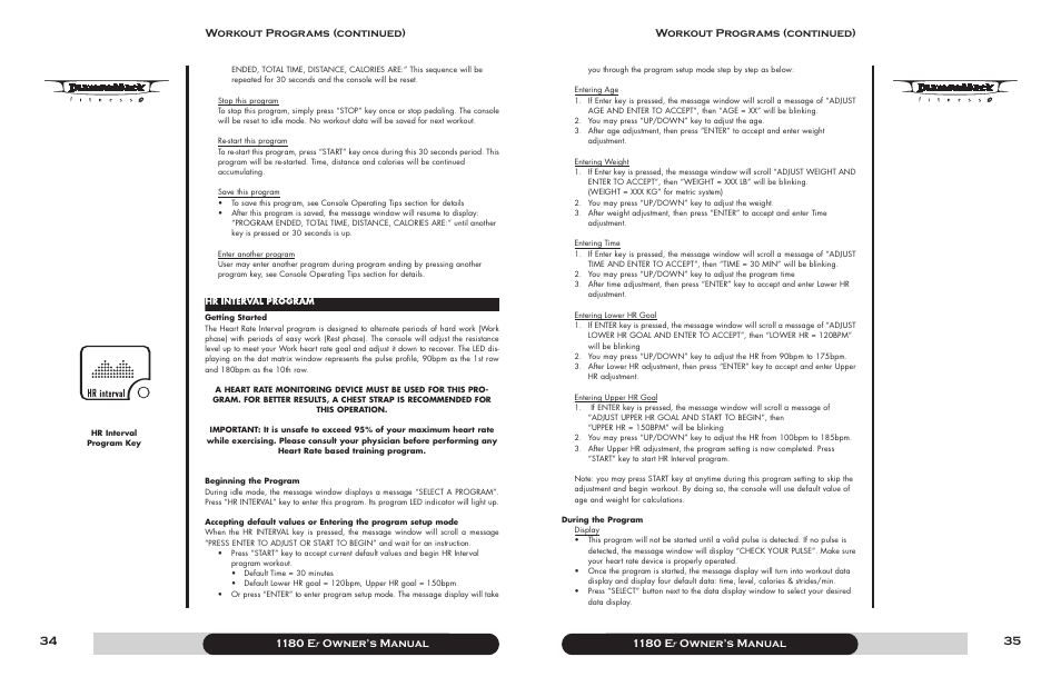 1180 e r owner’s manual, Workout programs (continued) | Diamondback 1180 Er User Manual | Page 18 / 22