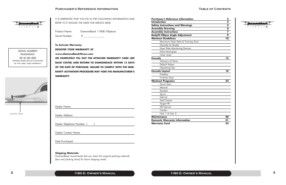 1180 e r owner’s manual | Diamondback 1180 Er User Manual | Page 2 / 22