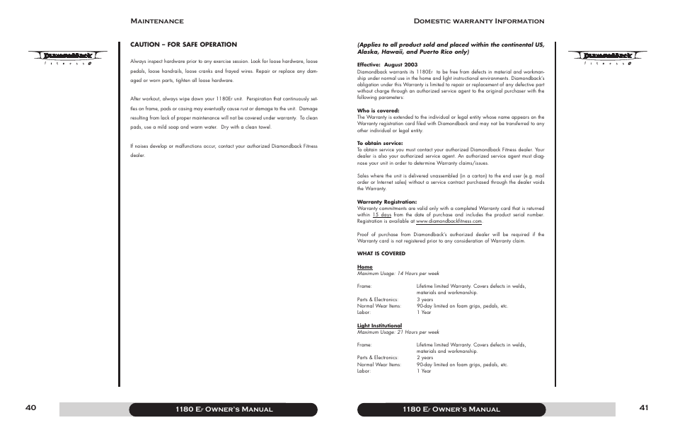 1180 e r owner’s manual, Domestic warranty information, 1180 e r owner’s manual maintenance | Diamondback 1180 Er User Manual | Page 21 / 22