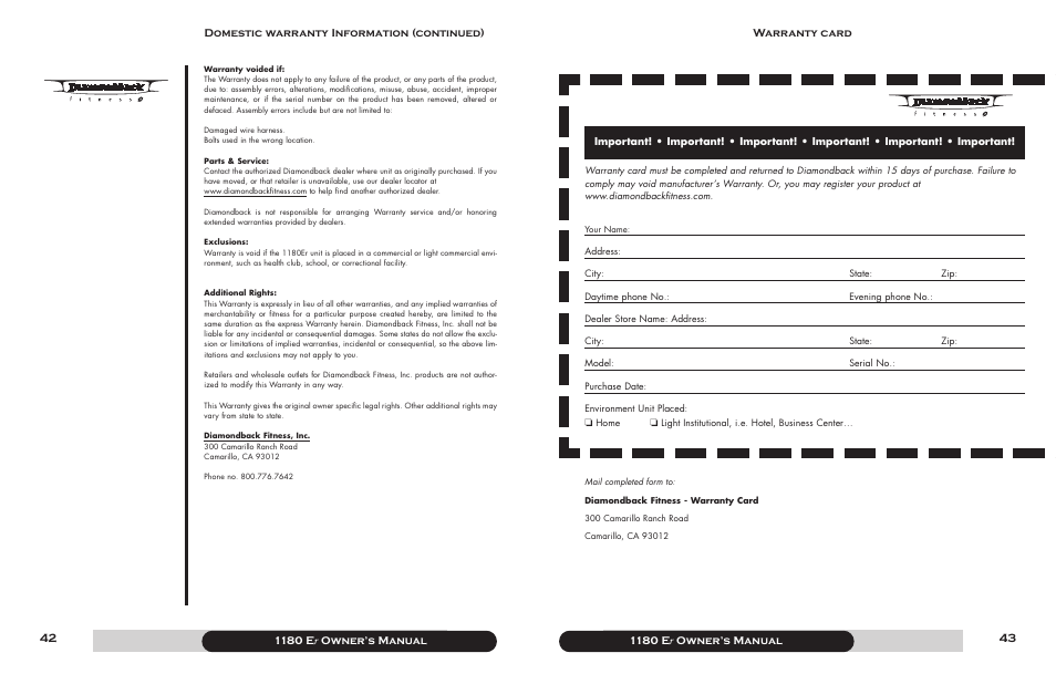 1180 e r owner’s manual, Warranty card | Diamondback 1180 Er User Manual | Page 22 / 22