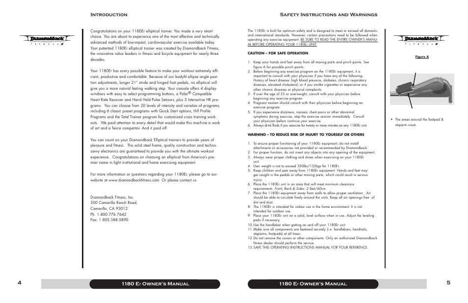 1180 e r owner’s manual, Safety instructions and warnings introduction | Diamondback 1180 Er User Manual | Page 3 / 22