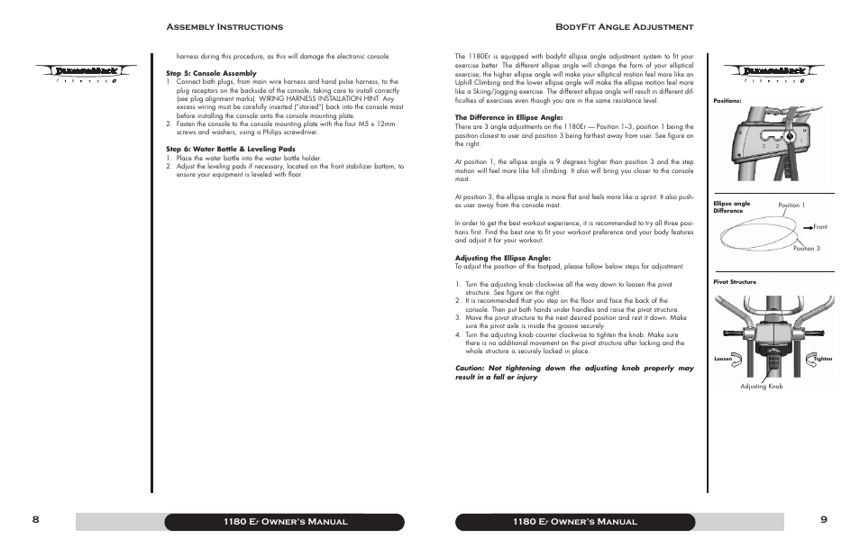 1180 e r owner’s manual, Bodyfit angle adjustment, 1180 e r owner’s manual assembly instructions | Diamondback 1180 Er User Manual | Page 5 / 22