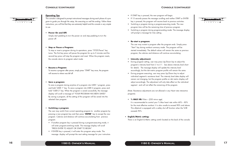 1180 e r owner’s manual console (continued), 1180 e r owner’s manual, Console (continued) | Diamondback 1180 Er User Manual | Page 9 / 22