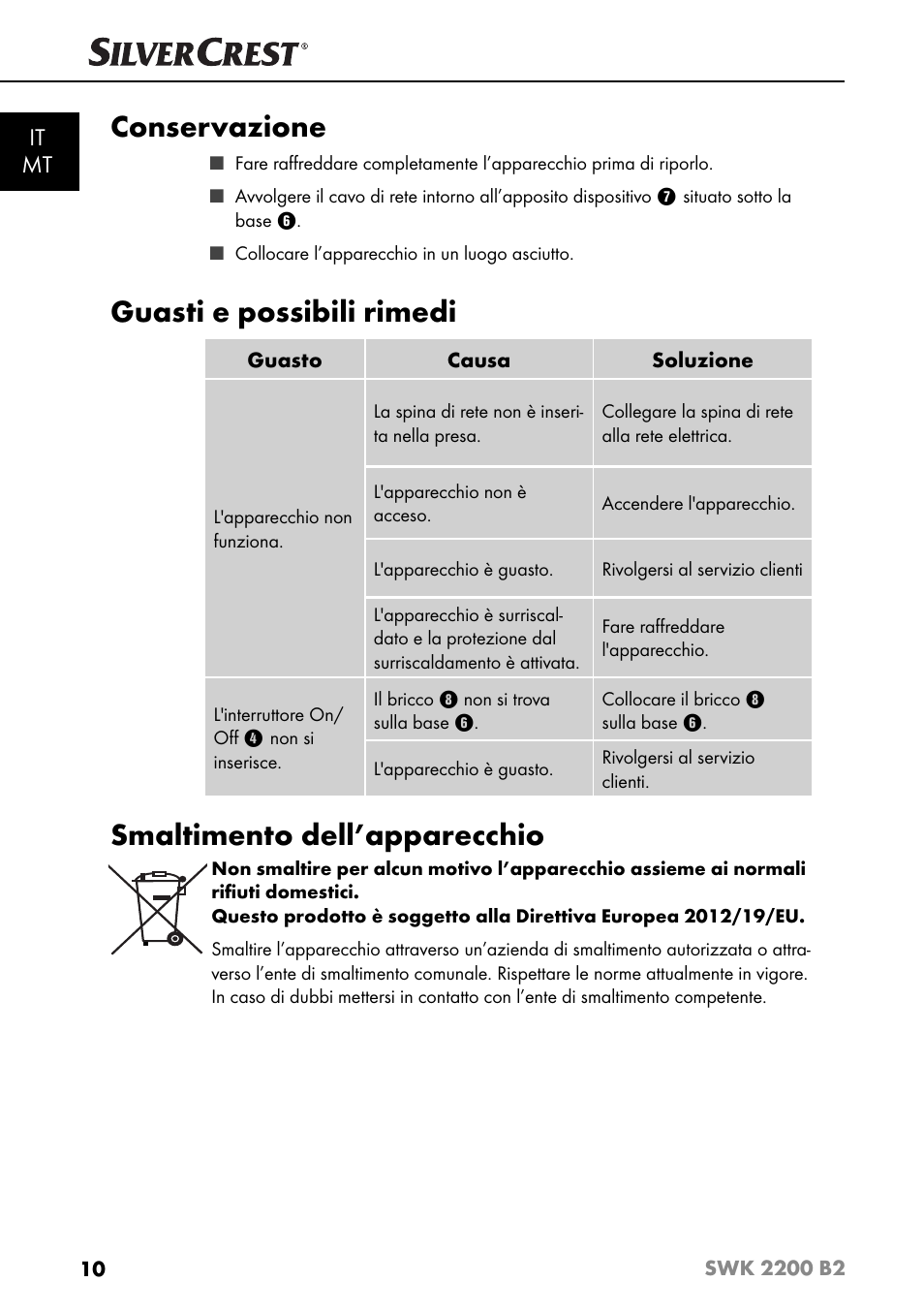 Conservazione, Guasti e possibili rimedi, Smaltimento dell’apparecchio | It mt | Silvercrest SWK 2200 B2 User Manual | Page 13 / 52