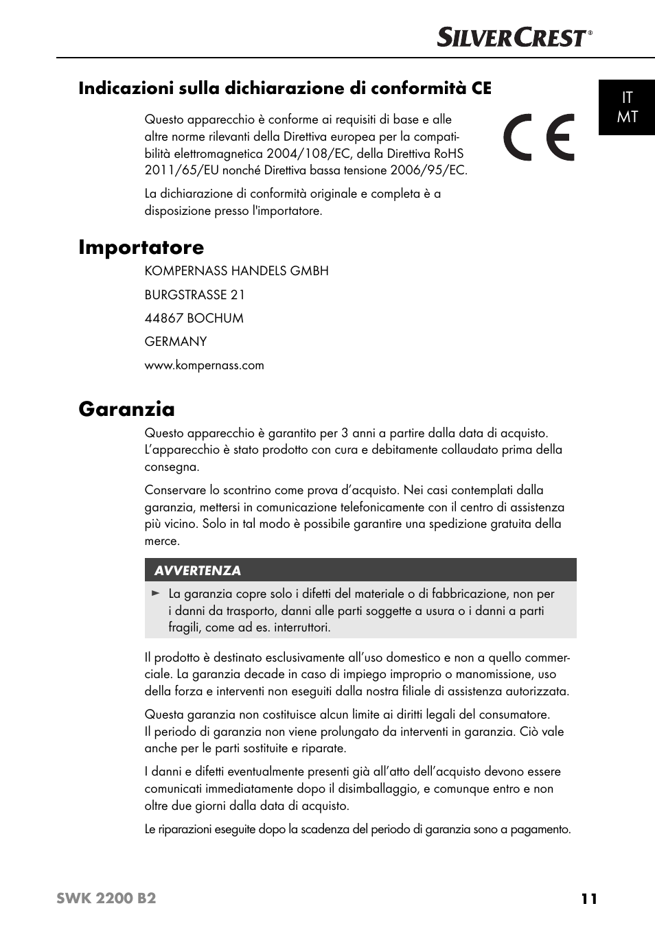 Importatore, Garanzia, Indicazioni sulla dichiarazione di conformità ce | It mt | Silvercrest SWK 2200 B2 User Manual | Page 14 / 52