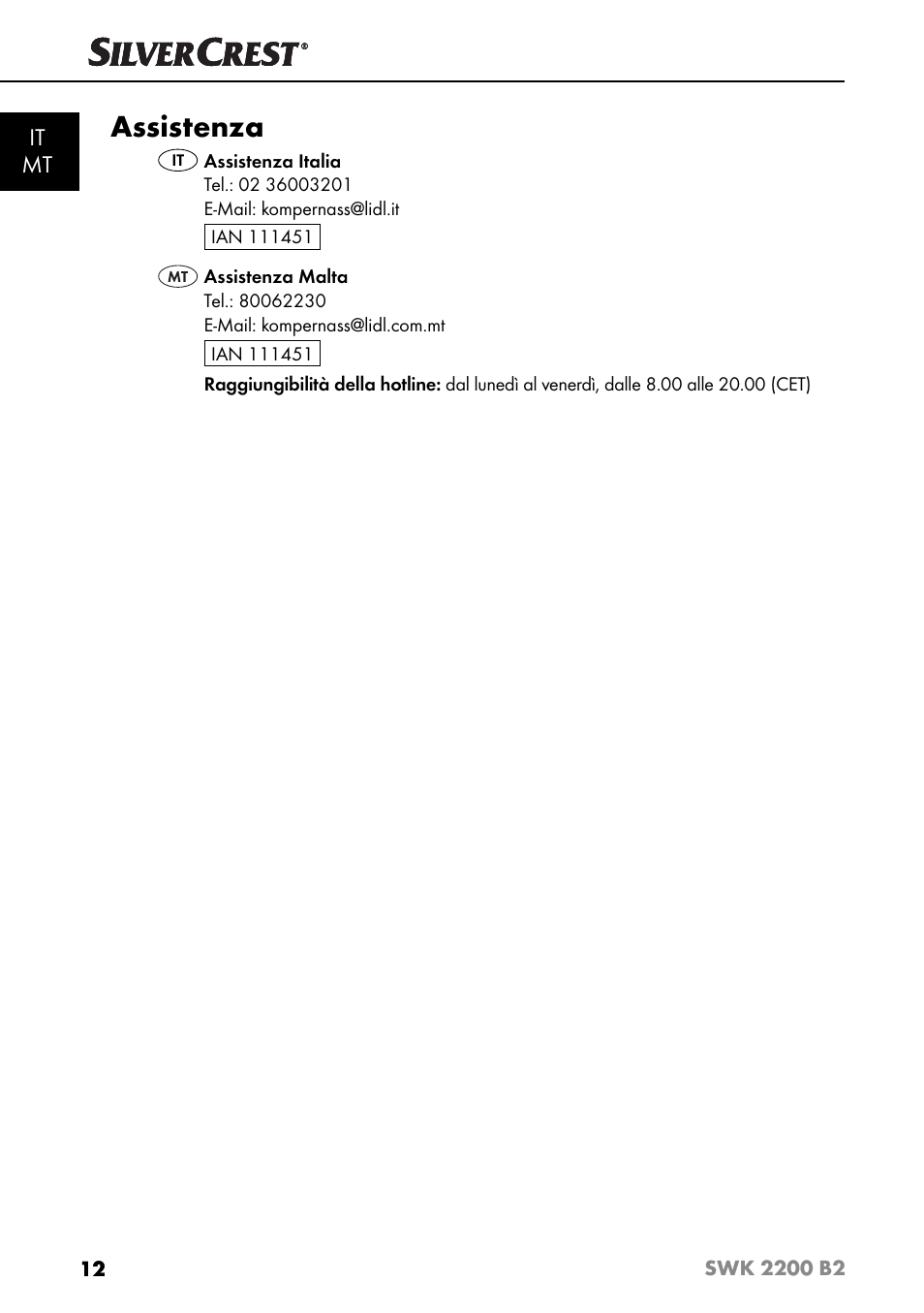 Assistenza, It mt | Silvercrest SWK 2200 B2 User Manual | Page 15 / 52