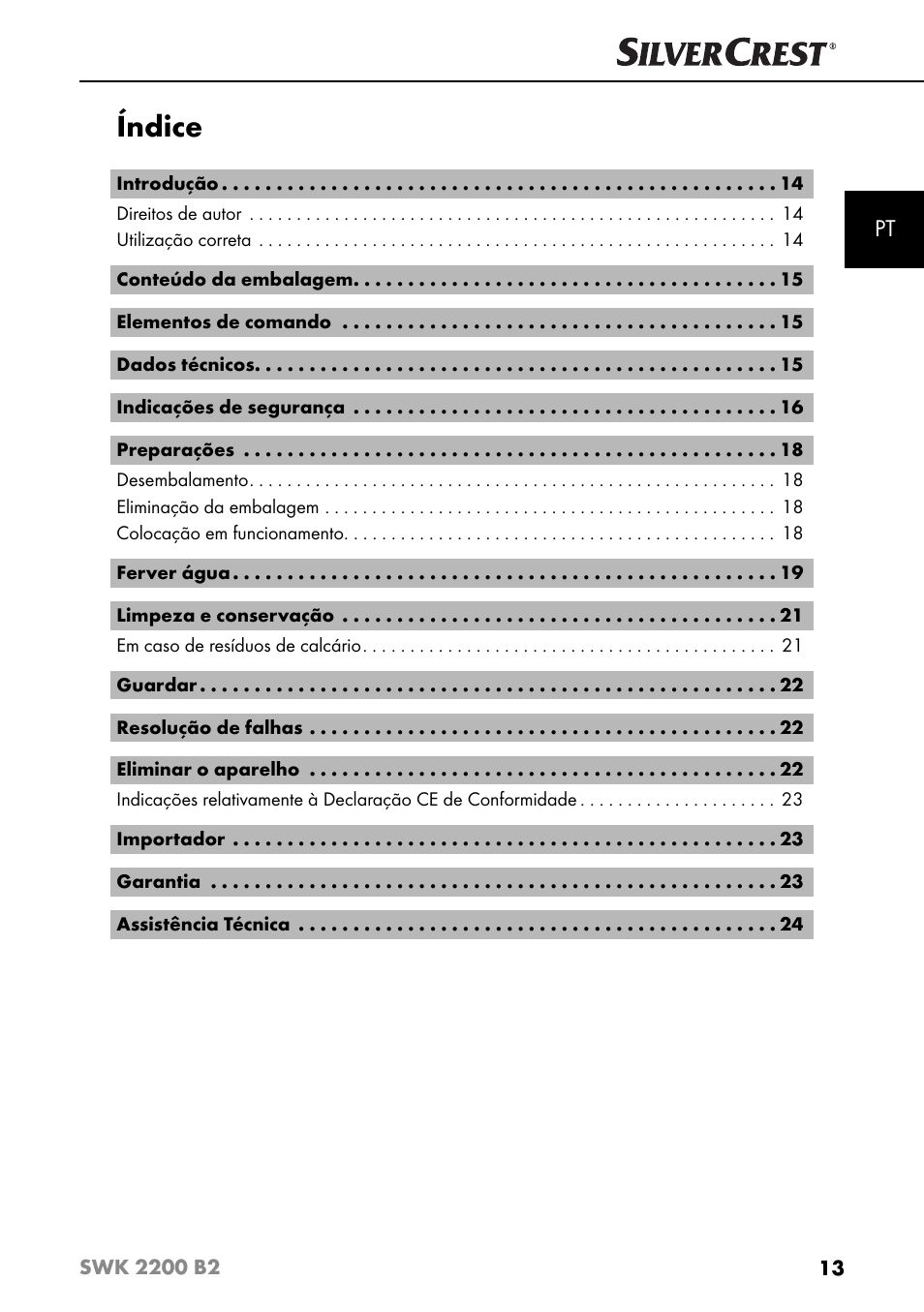 Índice | Silvercrest SWK 2200 B2 User Manual | Page 16 / 52