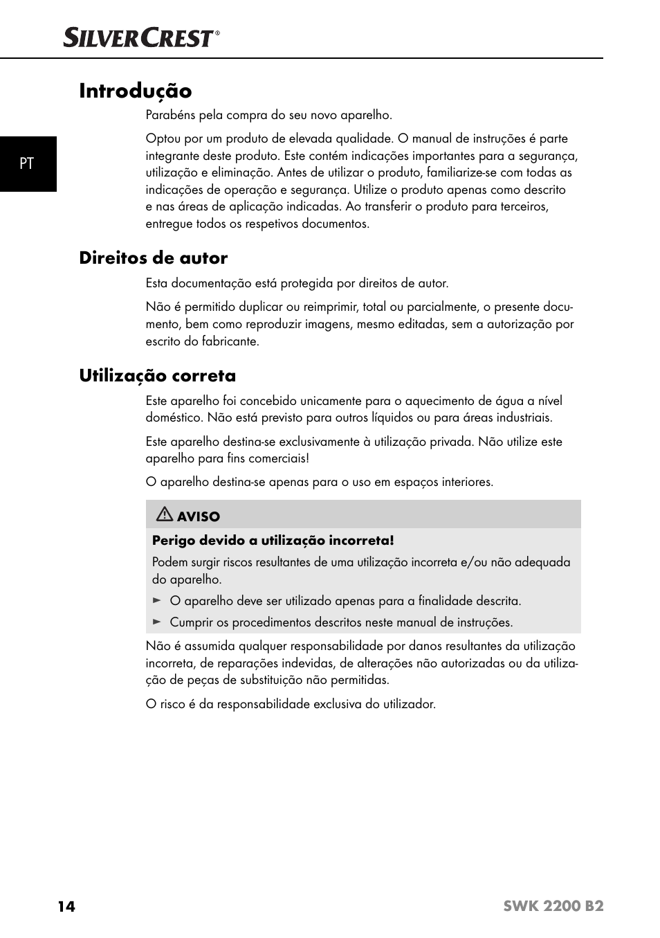 Introdução, Direitos de autor, Utilização correta | Silvercrest SWK 2200 B2 User Manual | Page 17 / 52