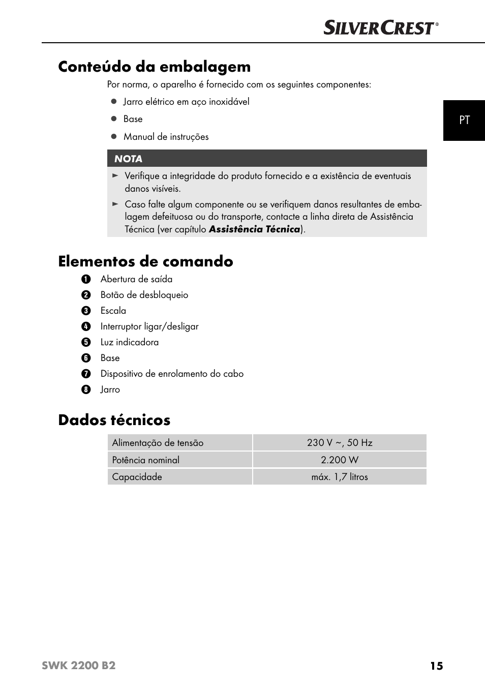 Conteúdo da embalagem, Elementos de comando, Dados técnicos | Silvercrest SWK 2200 B2 User Manual | Page 18 / 52