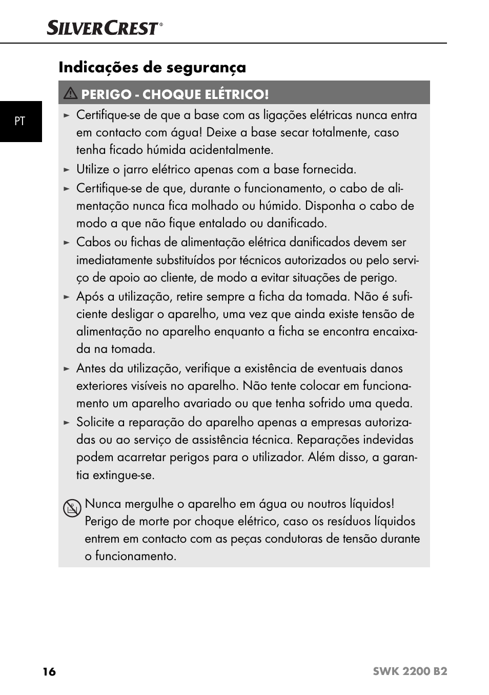 Indicações de segurança, Perigo - choque elétrico | Silvercrest SWK 2200 B2 User Manual | Page 19 / 52