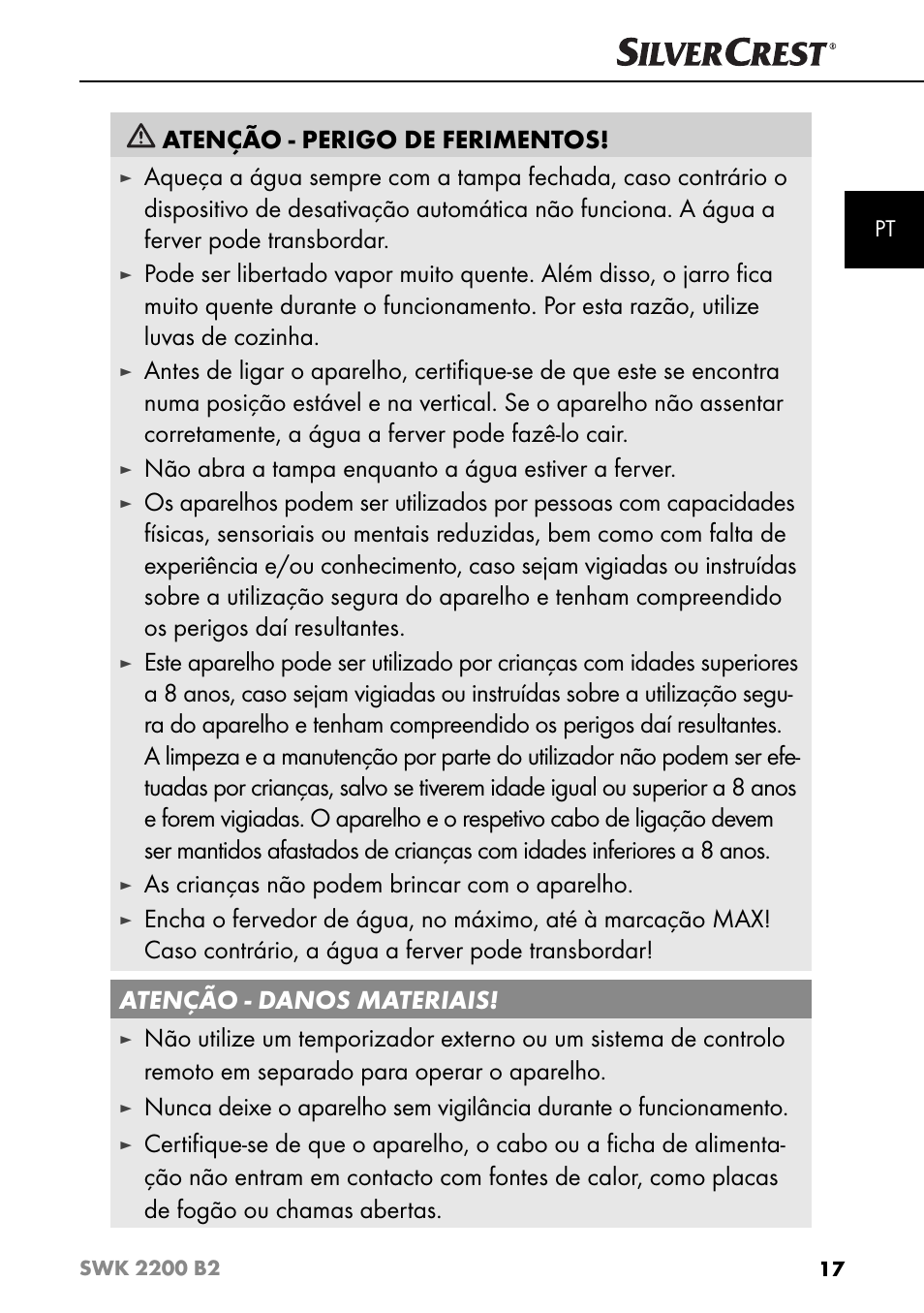 Atenção - perigo de ferimentos, Não abra a tampa enquanto a água estiver a ferver, As crianças não podem brincar com o aparelho | Silvercrest SWK 2200 B2 User Manual | Page 20 / 52