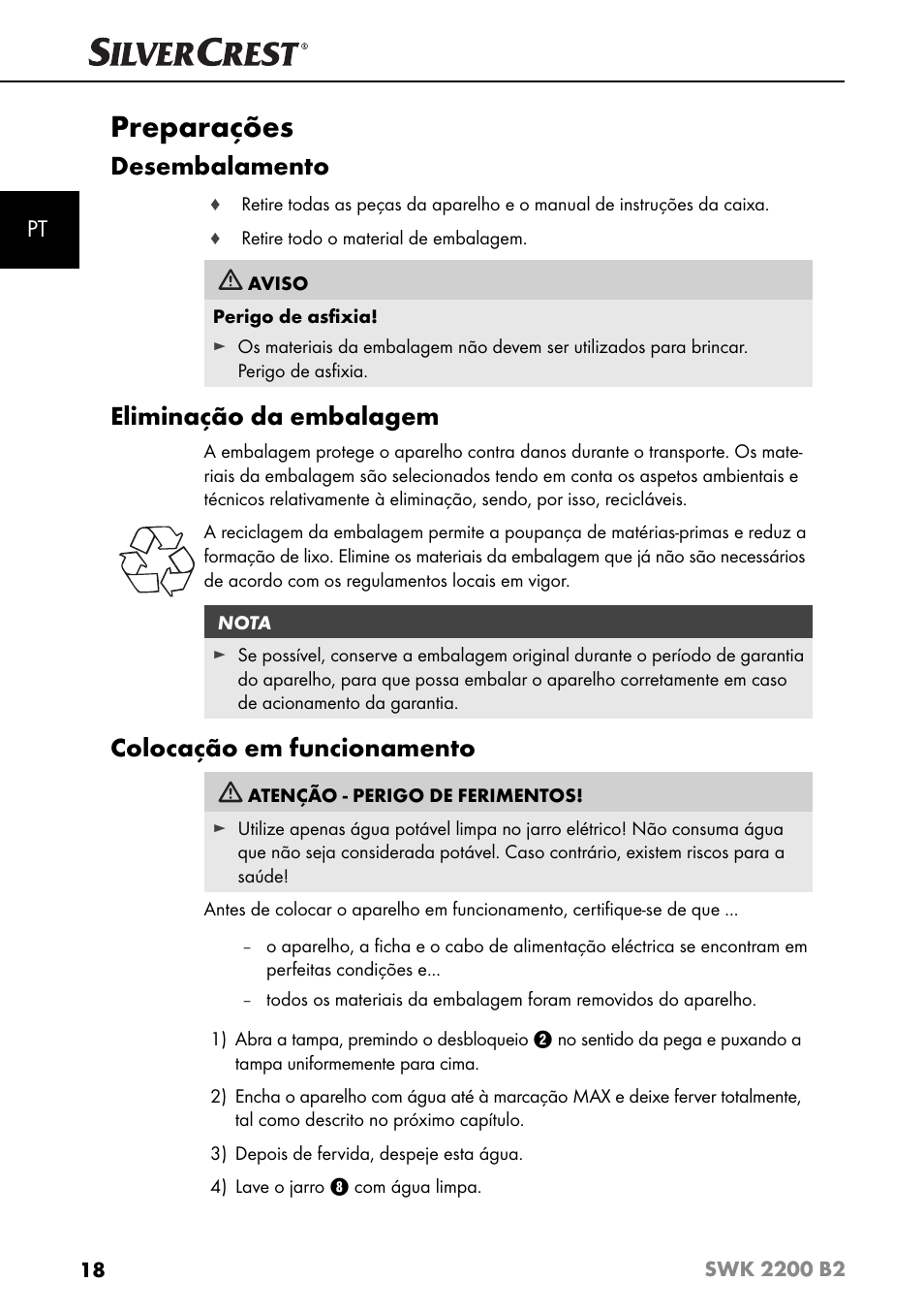 Preparações, Desembalamento, Eliminação da embalagem | Colocação em funcionamento | Silvercrest SWK 2200 B2 User Manual | Page 21 / 52