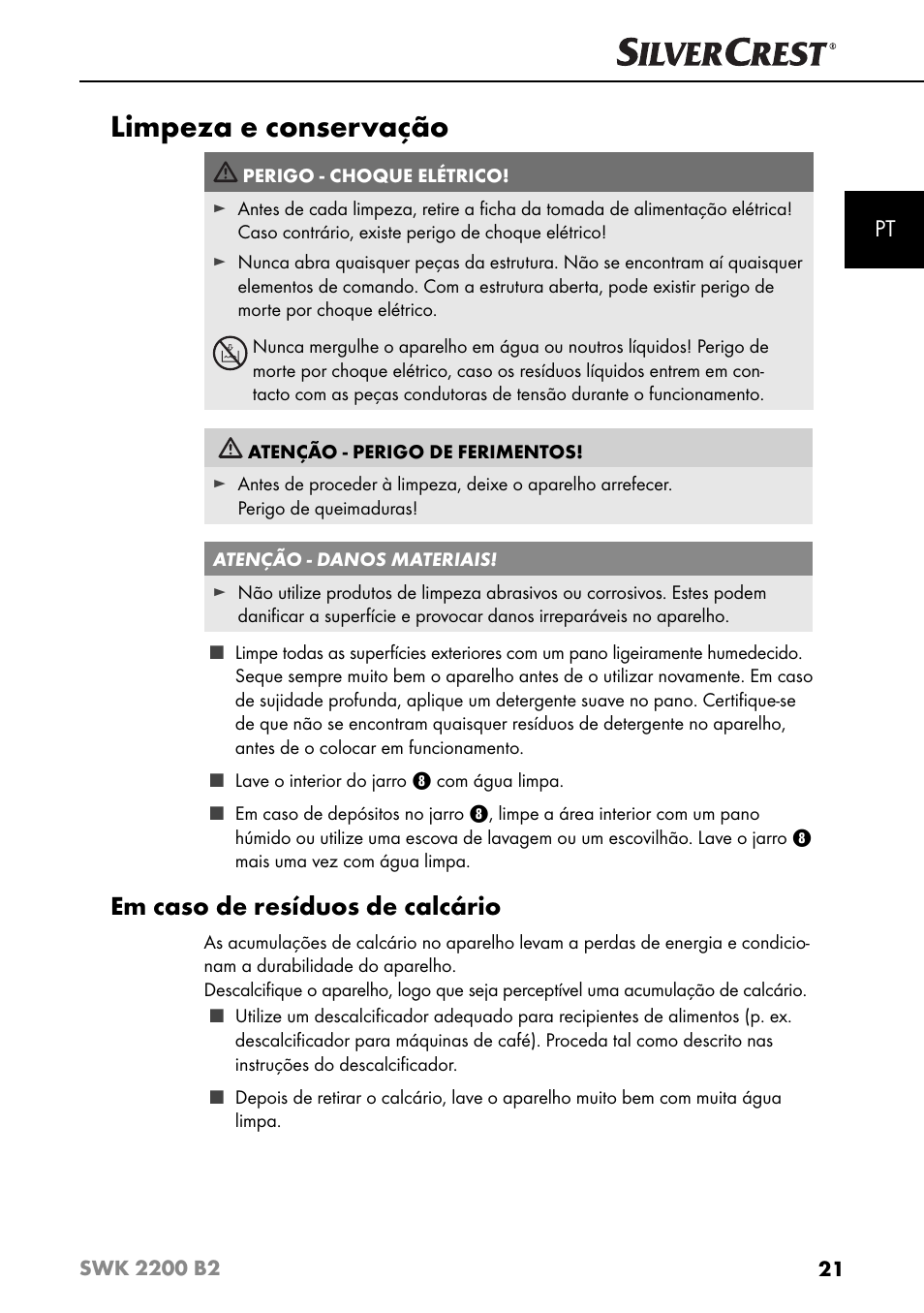 Limpeza e conservação, Em caso de resíduos de calcário | Silvercrest SWK 2200 B2 User Manual | Page 24 / 52