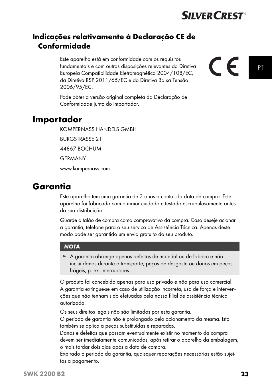 Importador, Garantia | Silvercrest SWK 2200 B2 User Manual | Page 26 / 52