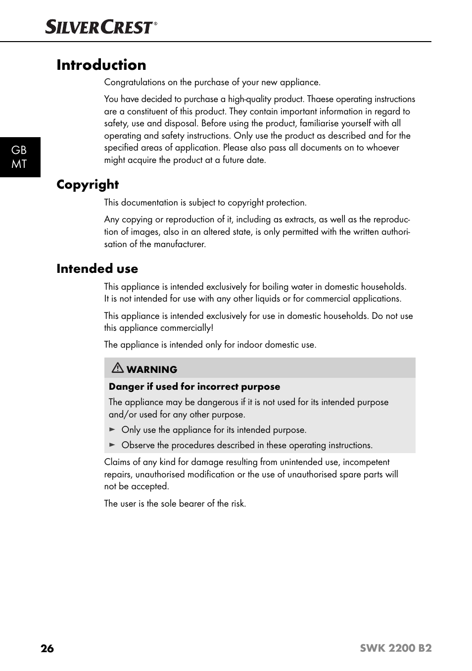 Introduction, Copyright, Intended use | Gb mt | Silvercrest SWK 2200 B2 User Manual | Page 29 / 52