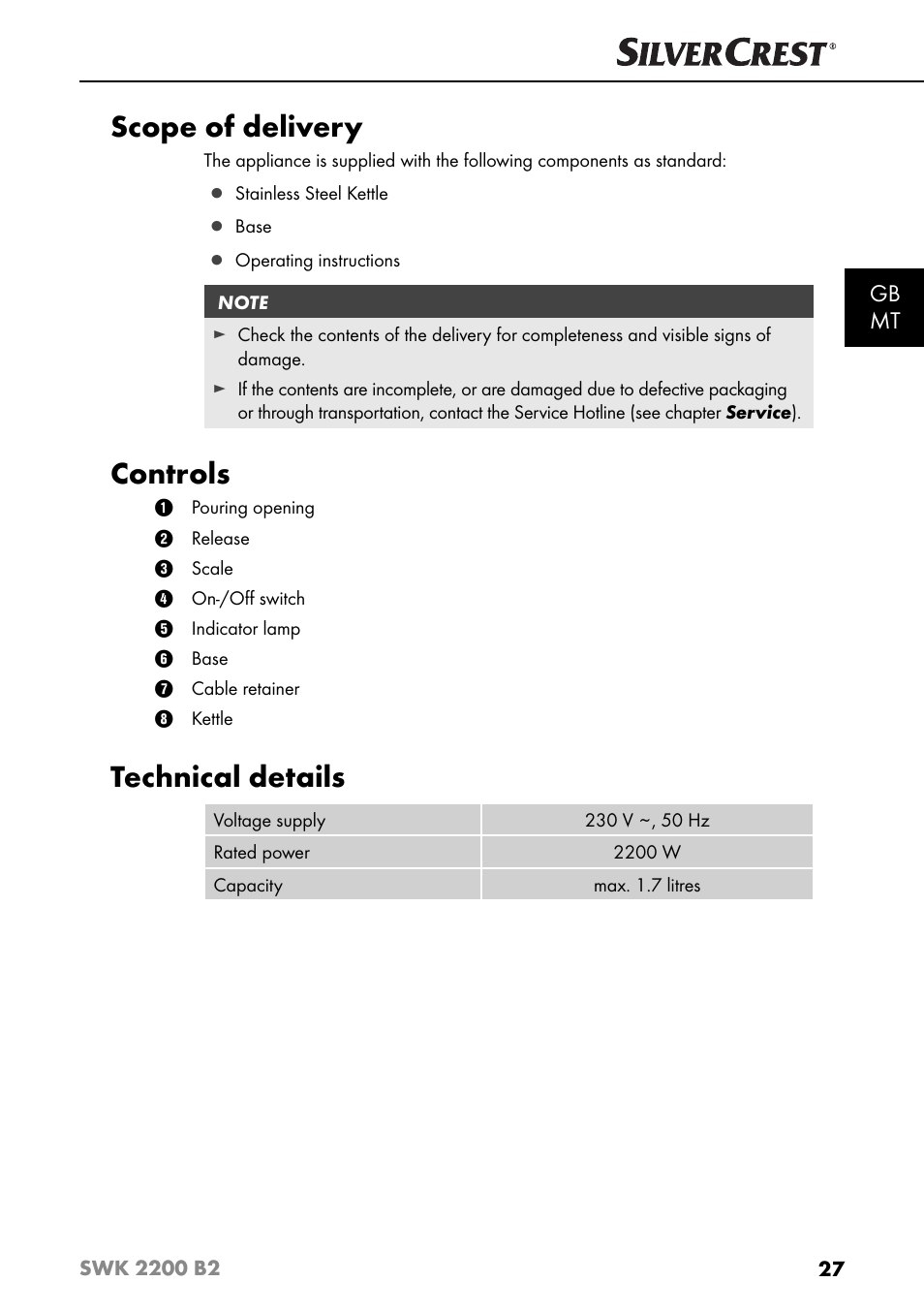 Scope of delivery, Controls, Technical details | Gb mt | Silvercrest SWK 2200 B2 User Manual | Page 30 / 52