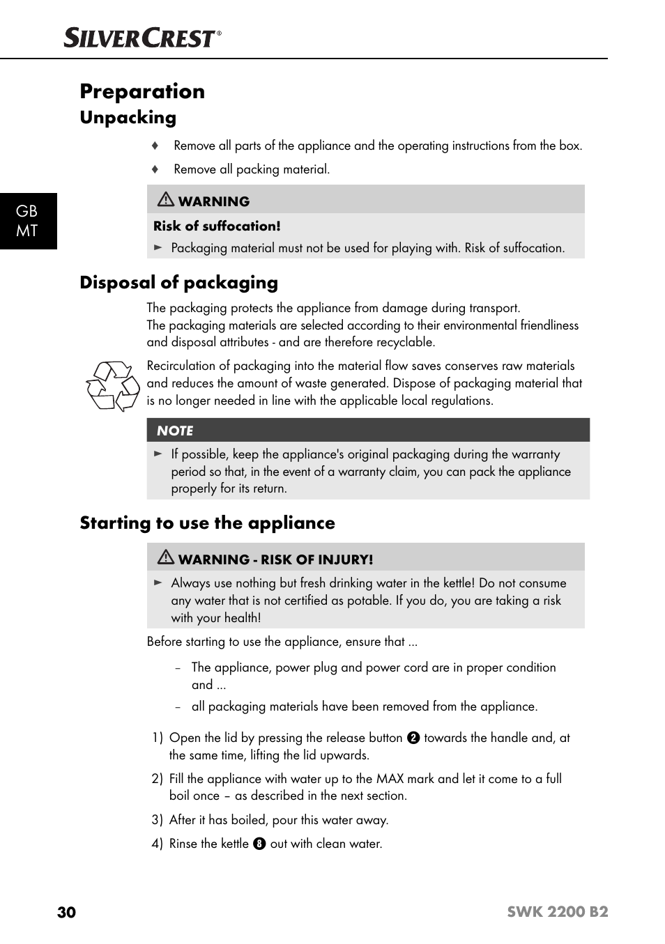 Preparation, Unpacking, Disposal of packaging | Starting to use the appliance, Gb mt | Silvercrest SWK 2200 B2 User Manual | Page 33 / 52