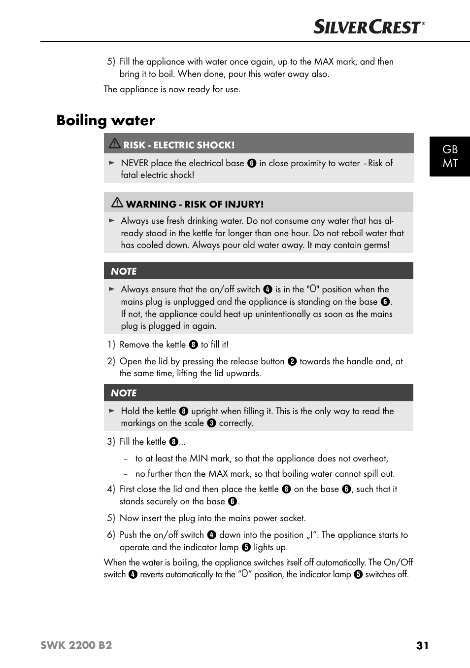 Boiling water, Gb mt | Silvercrest SWK 2200 B2 User Manual | Page 34 / 52