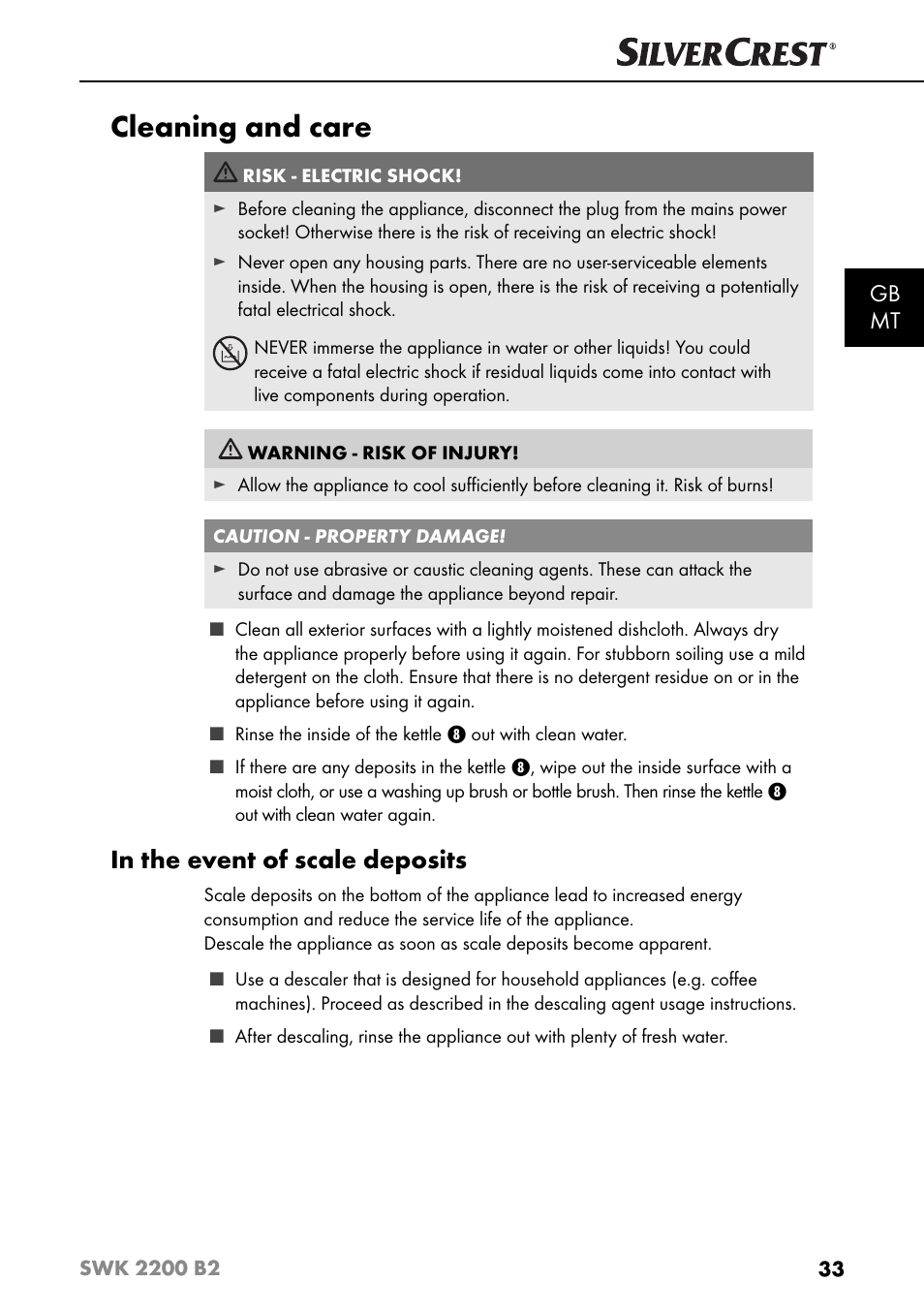 Cleaning and care, Gb mt | Silvercrest SWK 2200 B2 User Manual | Page 36 / 52