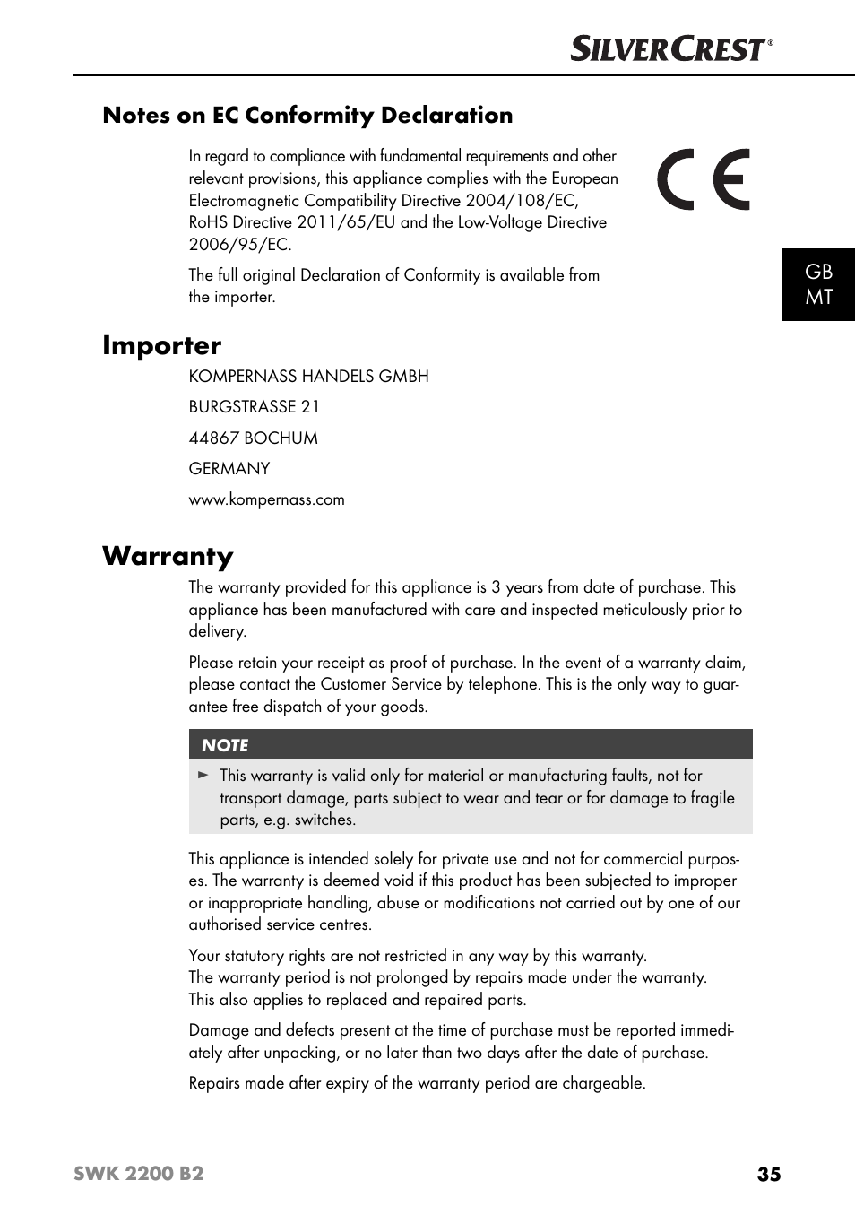 Importer, Warranty, Gb mt | Silvercrest SWK 2200 B2 User Manual | Page 38 / 52