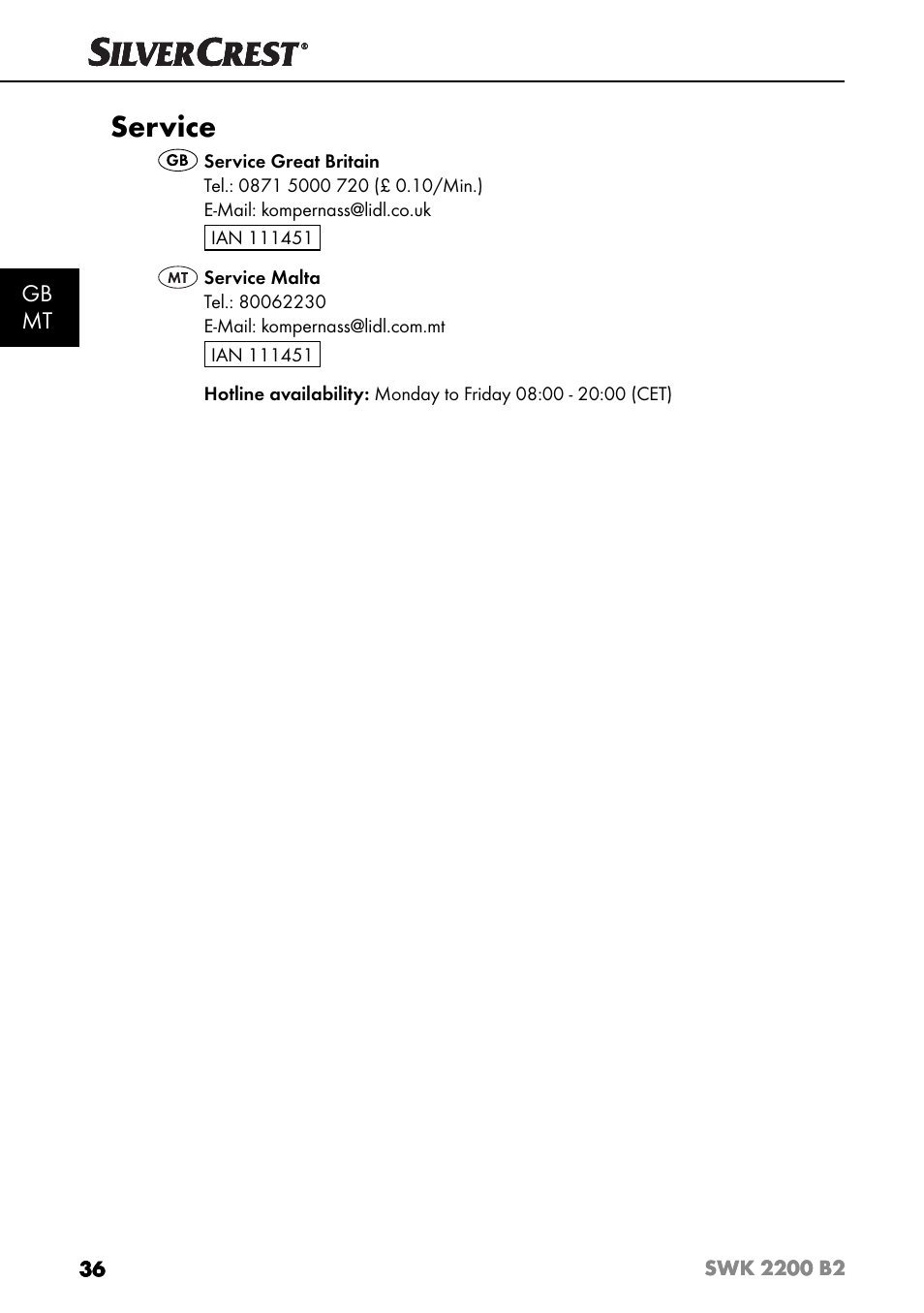 Service, Gb mt | Silvercrest SWK 2200 B2 User Manual | Page 39 / 52