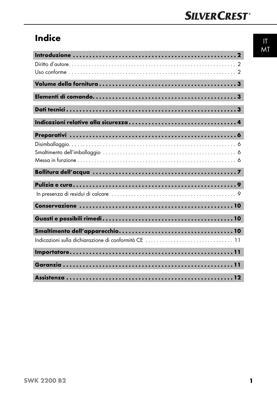 Indice, It mt | Silvercrest SWK 2200 B2 User Manual | Page 4 / 52