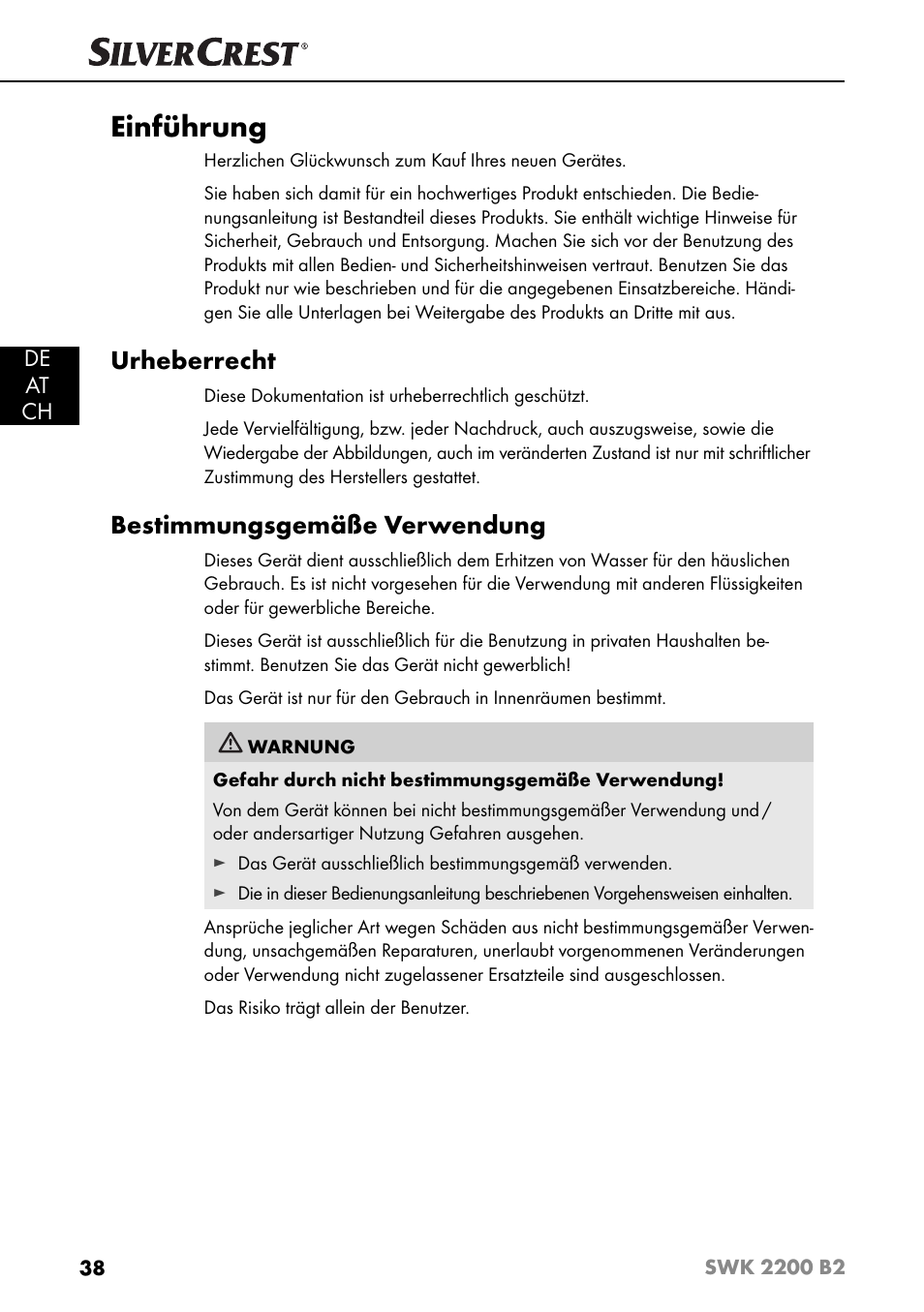 Einführung, Urheberrecht, Bestimmungsgemäße verwendung | De at ch | Silvercrest SWK 2200 B2 User Manual | Page 41 / 52
